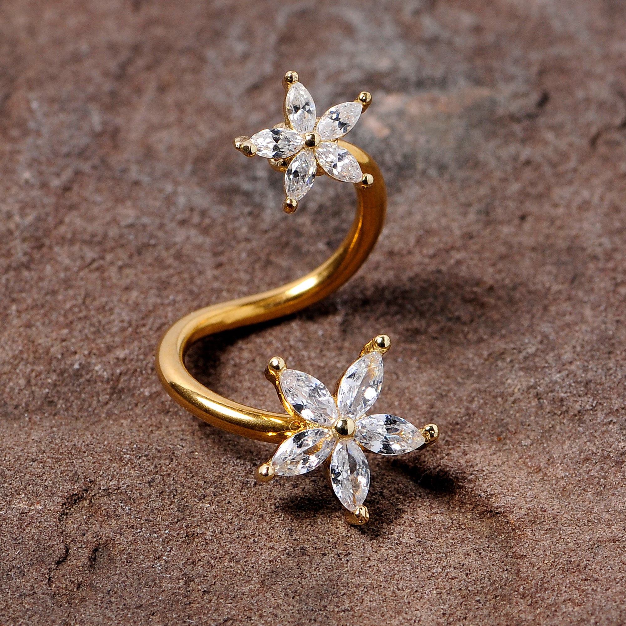 14G Clear Gem Gold Tone Star Flower Spiral Twister Belly Ring