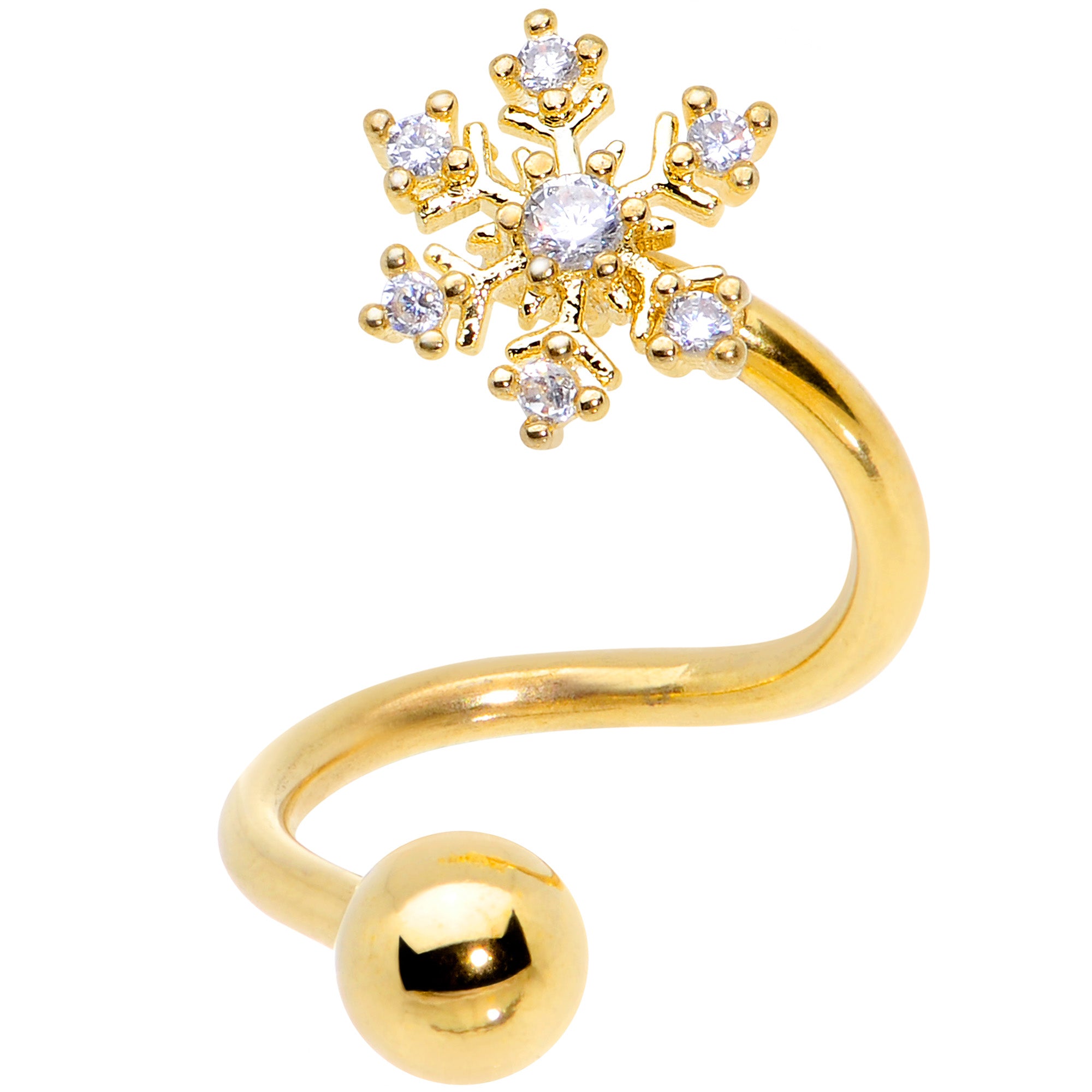 Clear CZ Gem Gold Tone Snowflake Christmas Spiral Twister Belly Ring