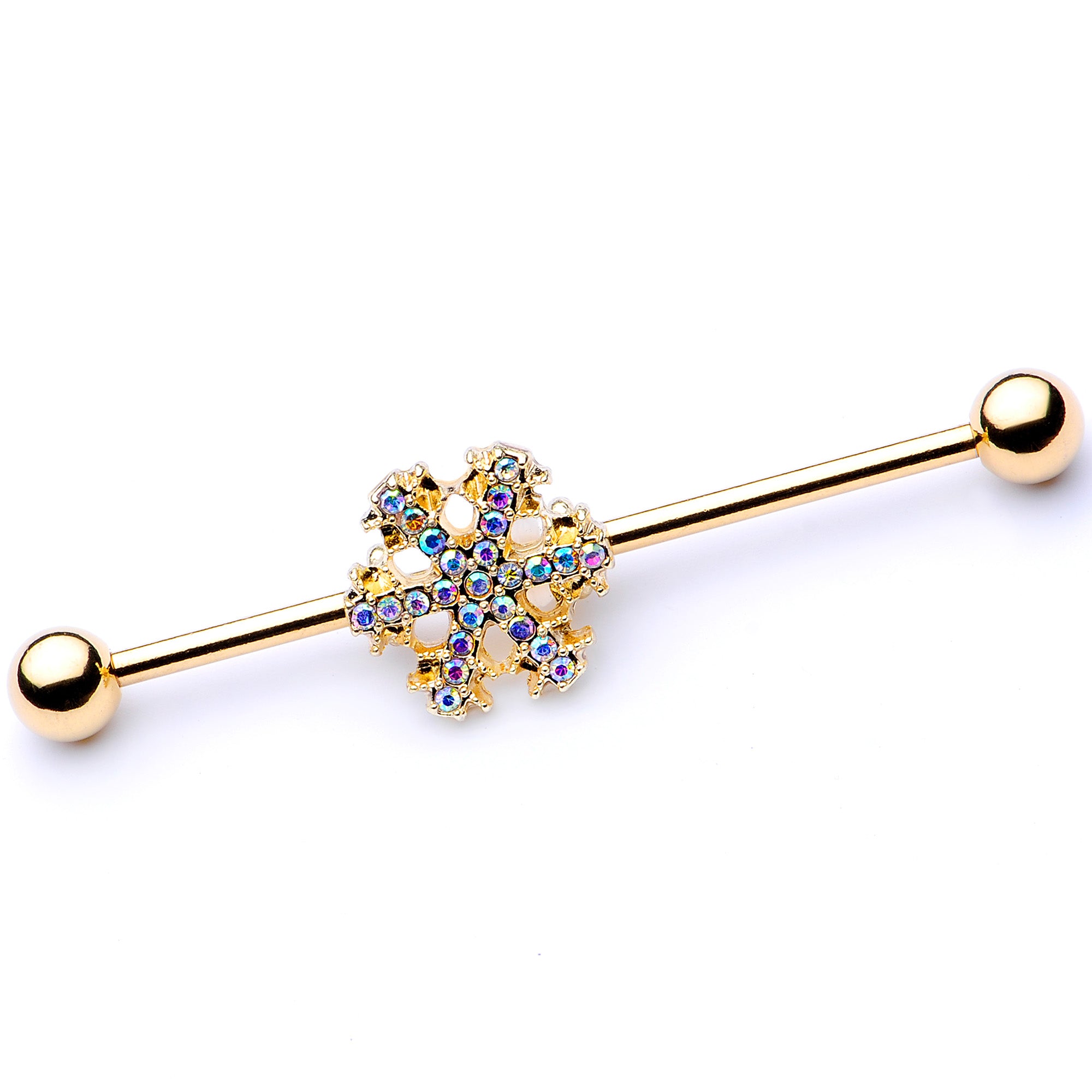 14G Aurora Gem Gold Tone Snowflake Industrial Barbell 38mm