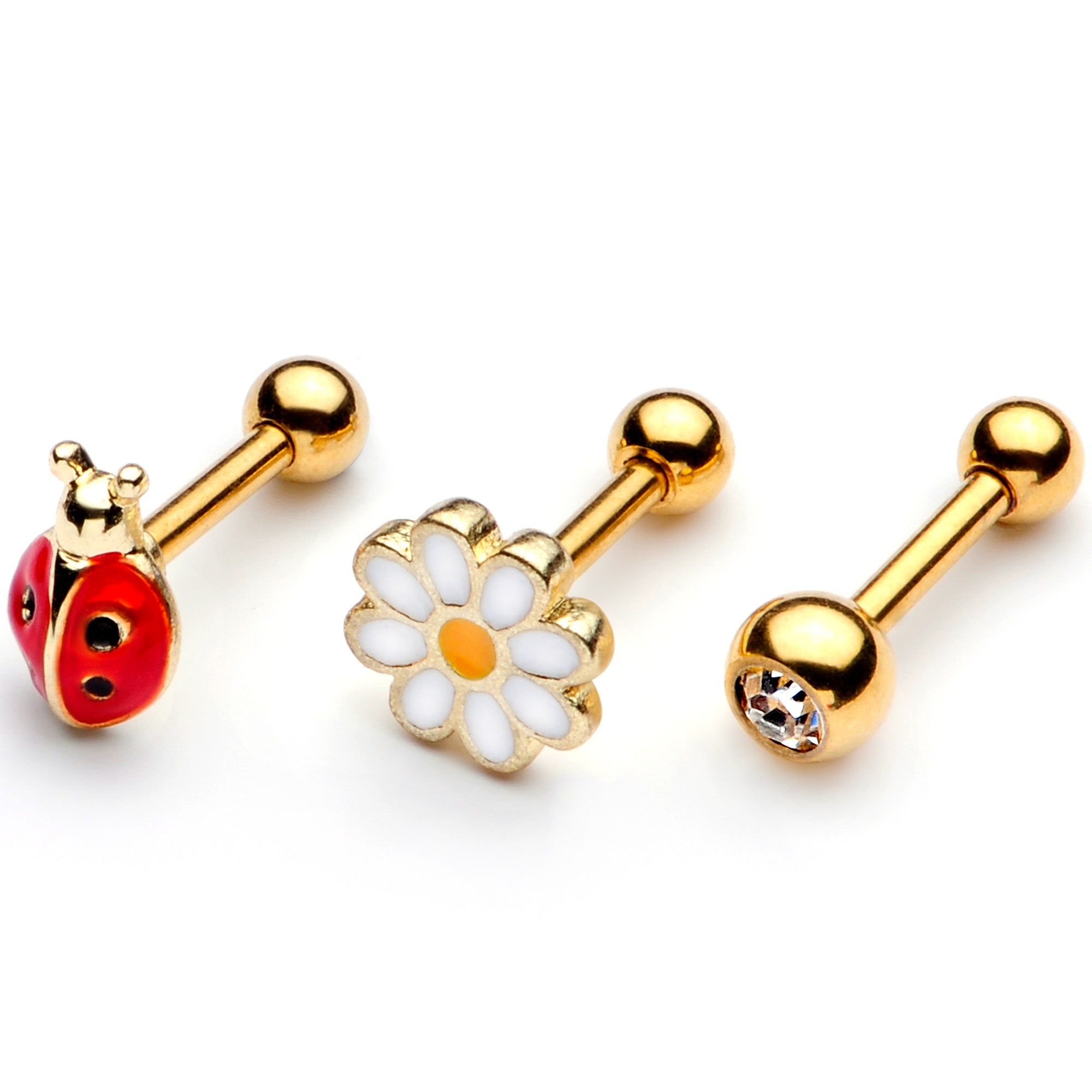 16G 1/4 Clear Gem Gold Tone Ladybug Cartilage Tragus Set of 3