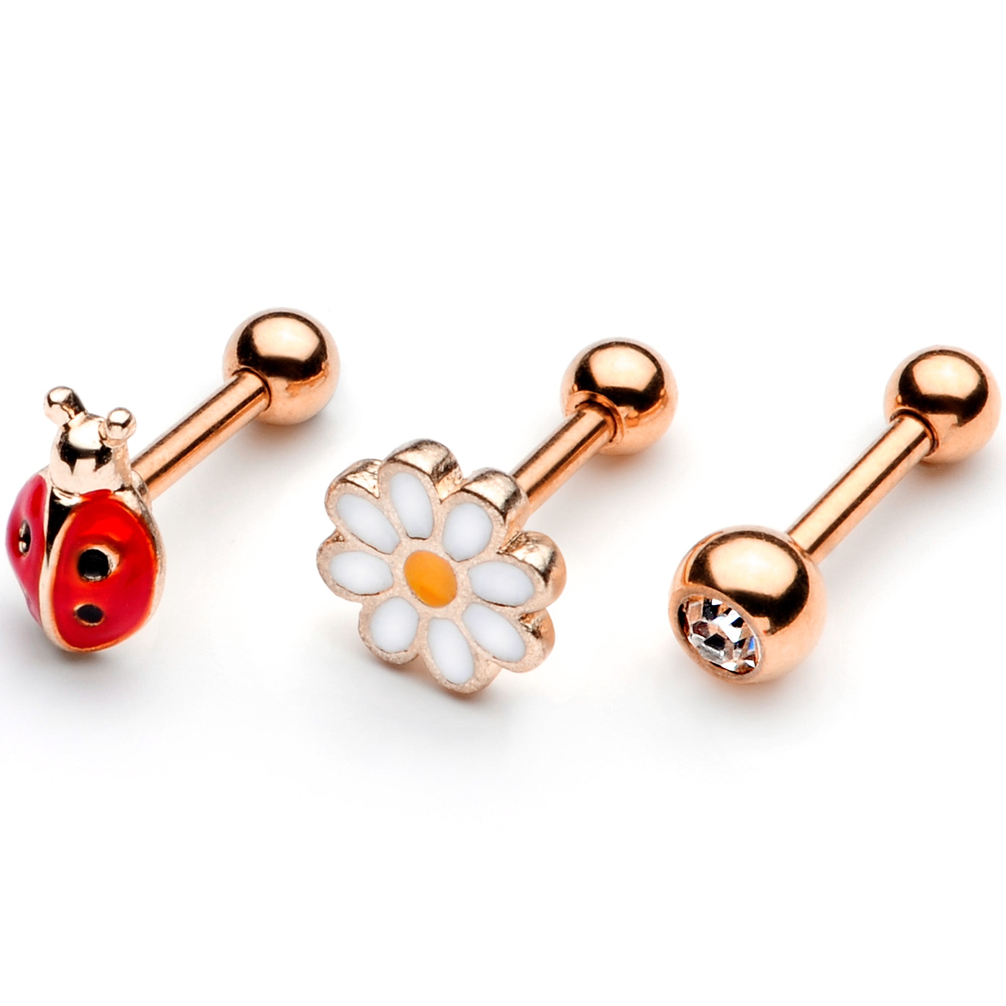 16G 1/4 Clear Gem Rose Gold Hue Ladybug Cartilage Tragus Set of 3