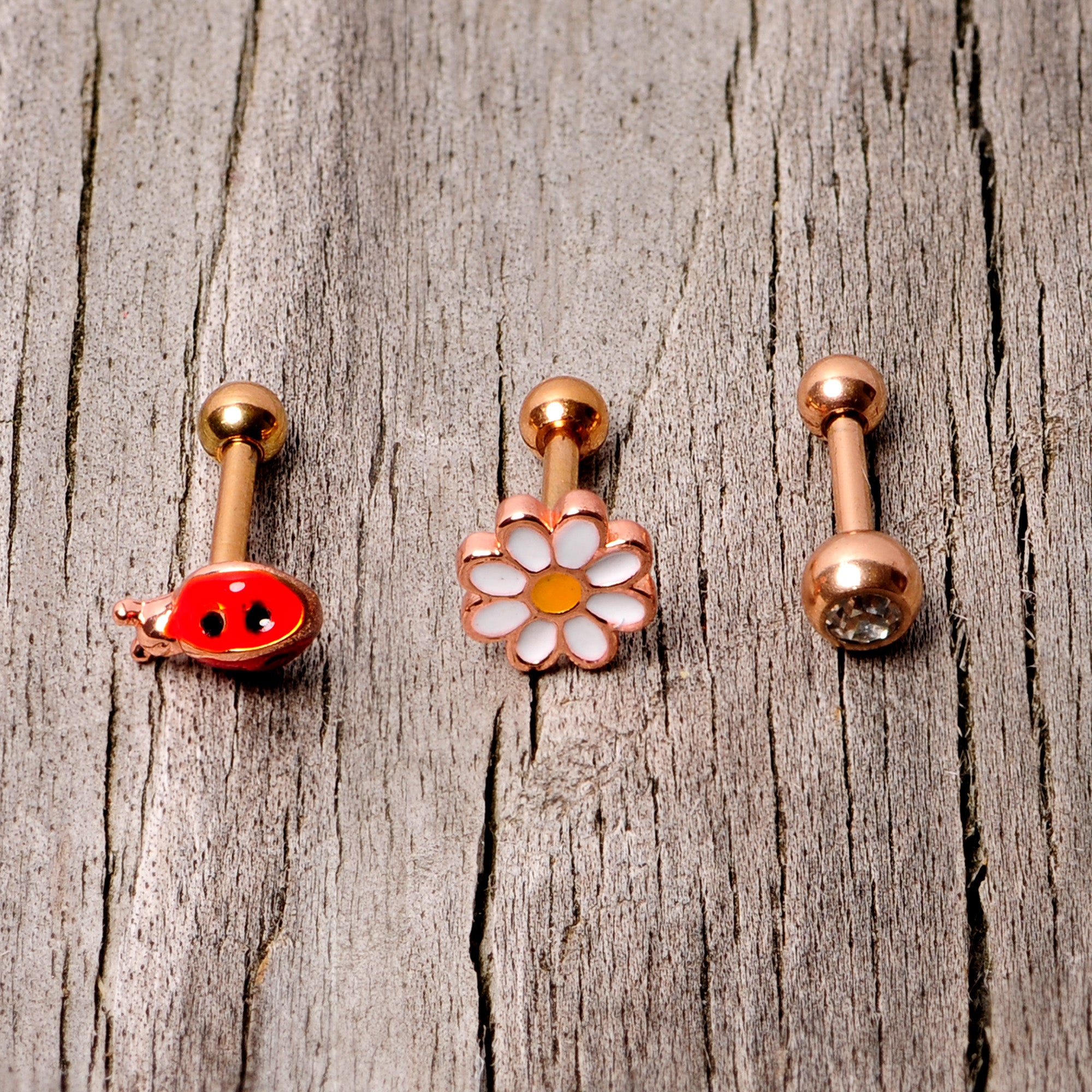 16G 1/4 Clear Gem Rose Gold Hue Ladybug Cartilage Tragus Set of 3