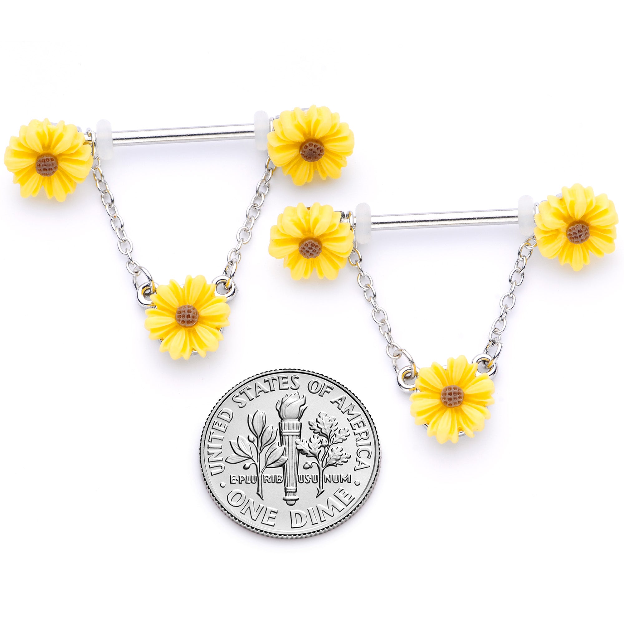 14G 5/8 Yellow Sunflowers Dangle Nipple Ring Set