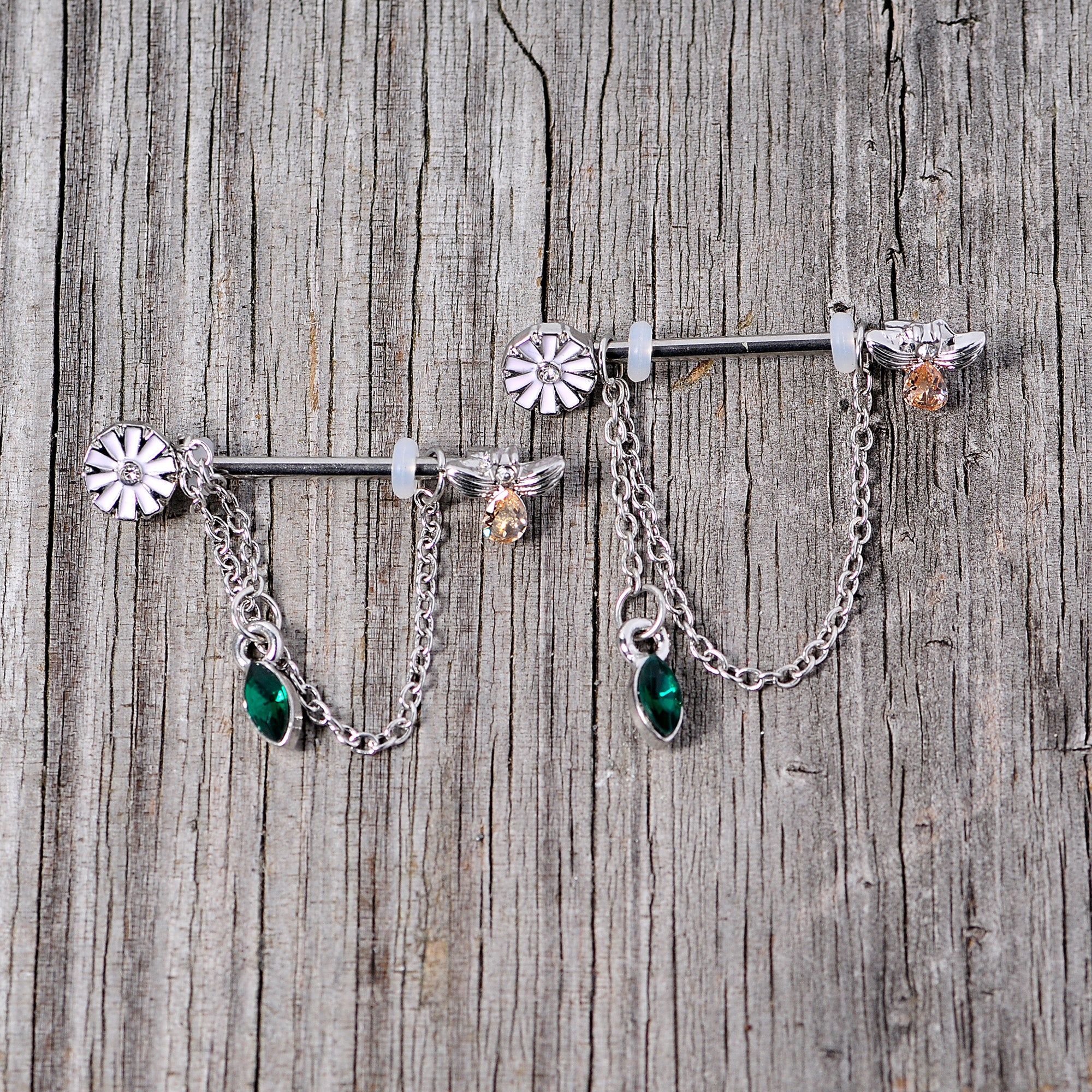 14G 5/8 Green Yellow Gem Flower Bee Dangle Nipple Ring Set