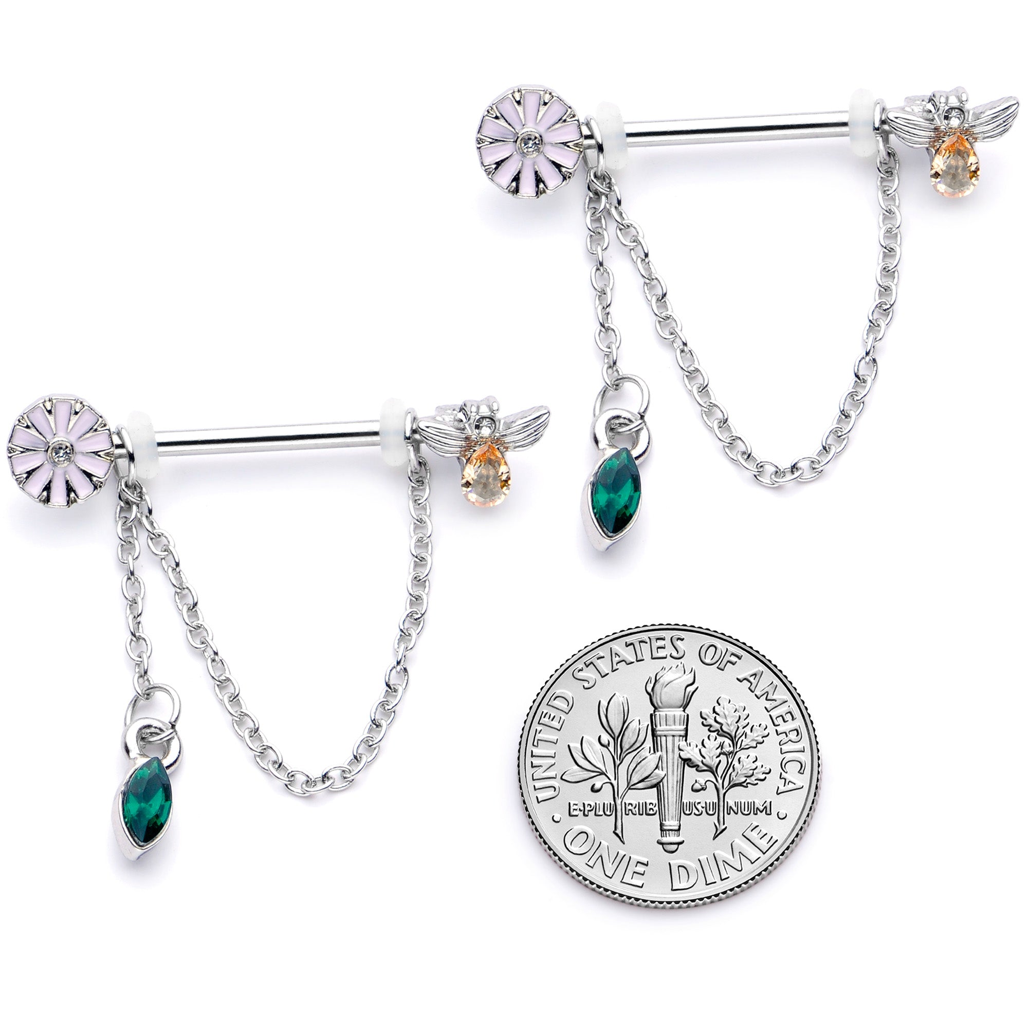 14G 5/8 Green Yellow Gem Flower Bee Dangle Nipple Ring Set
