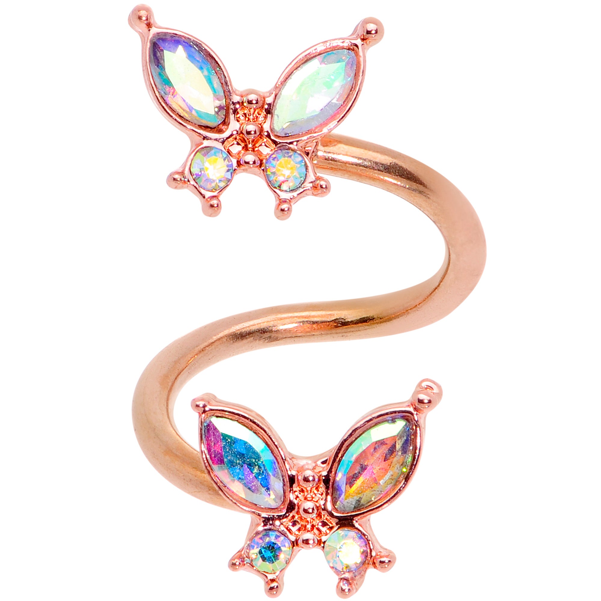 14G 3/8 Aurora Gem Rose Gold Tone Butterfly Spiral Twister Ring