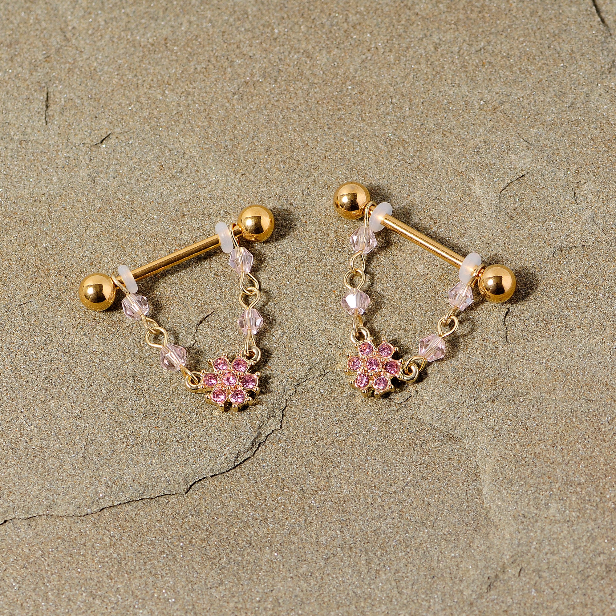 14G 5/8 Pink Gem Gold Tone Dainty Flower Dangle Nipple Ring Set