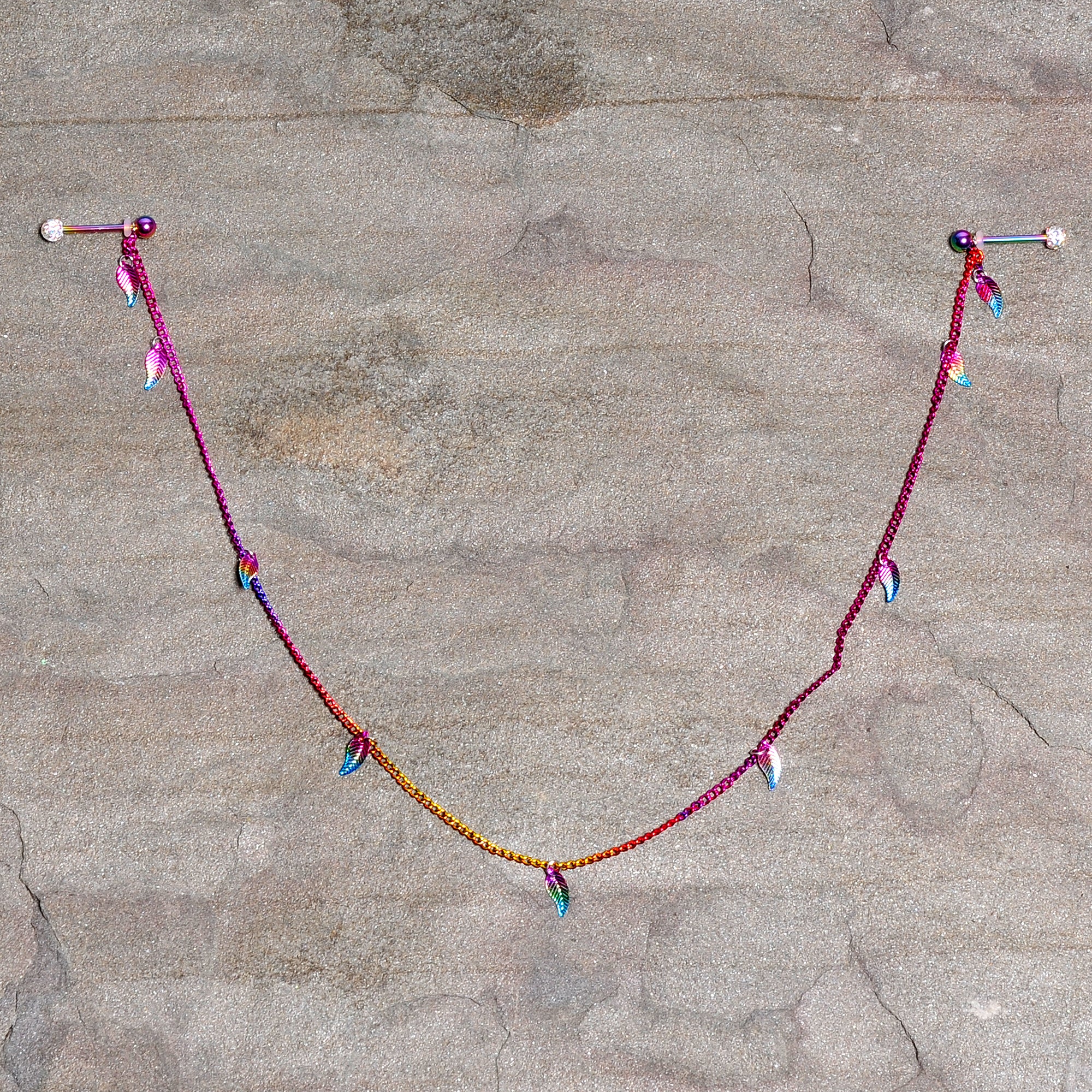 14G 5/8 Clear Gem Rainbow Autumn Leaves Dangle Nipple Chain