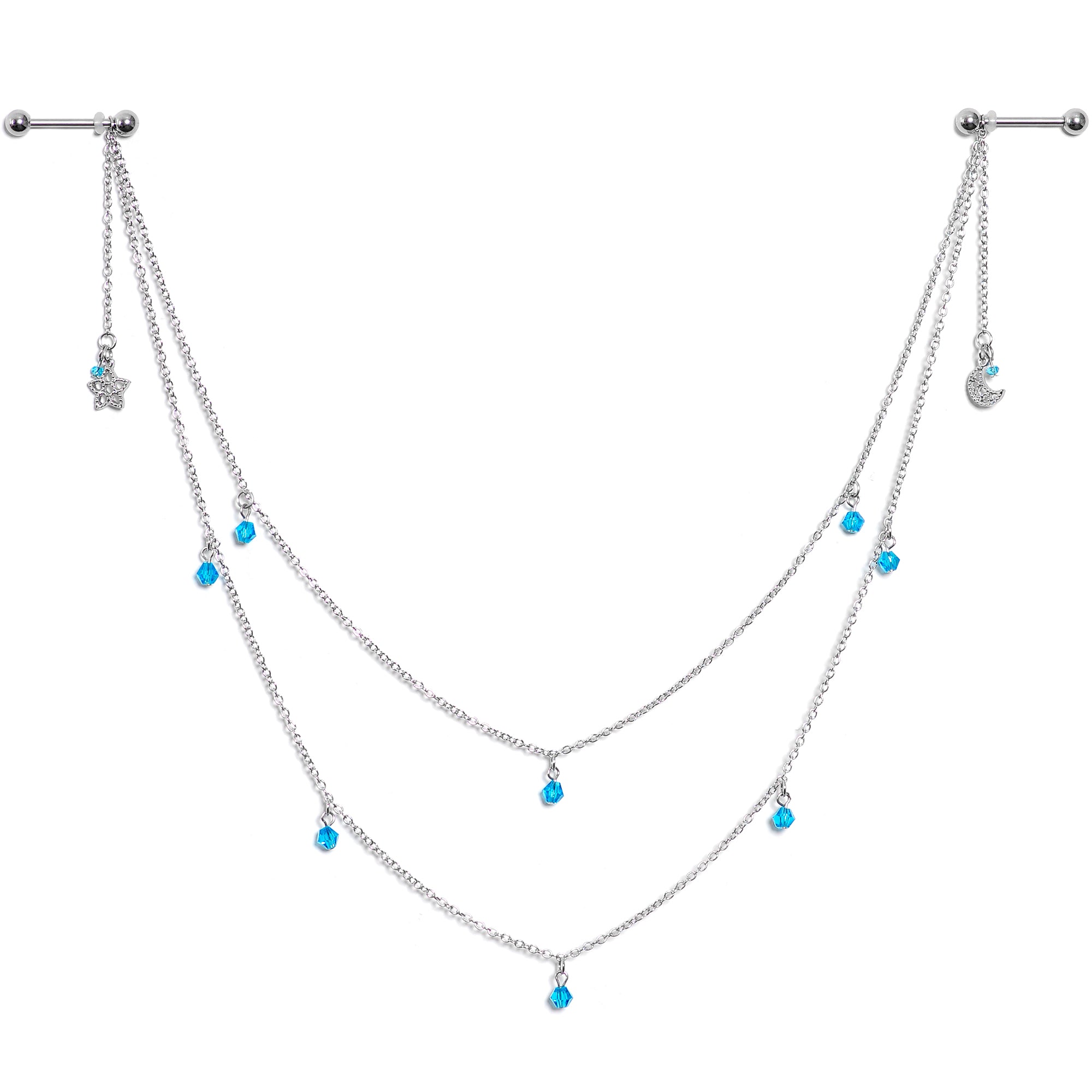 14G 5/8 Blue Gem Moon Star Double Dangle Nipple Chain