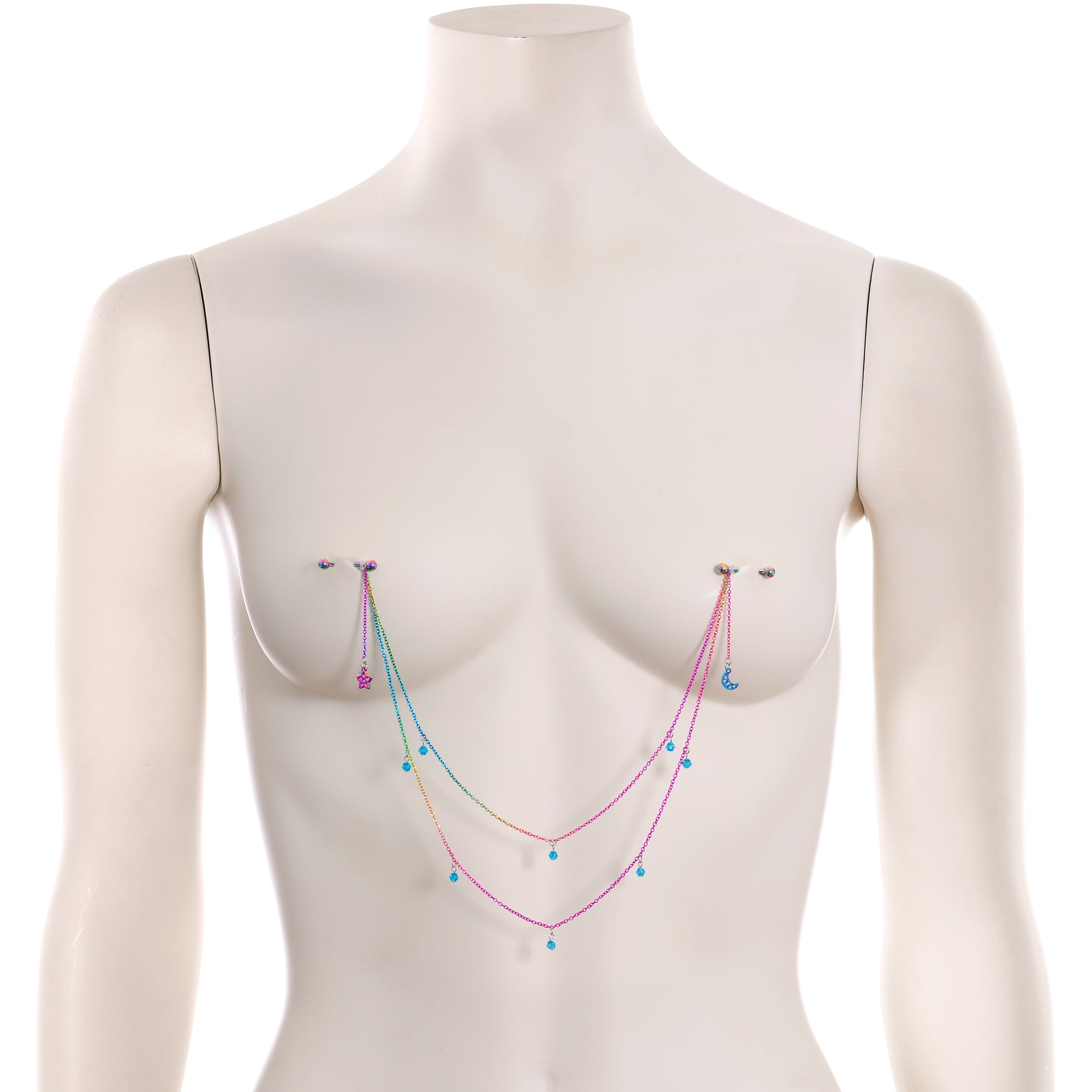 14G 5/8 Blue Gem Rainbow Moon Star Double Dangle Nipple Chain