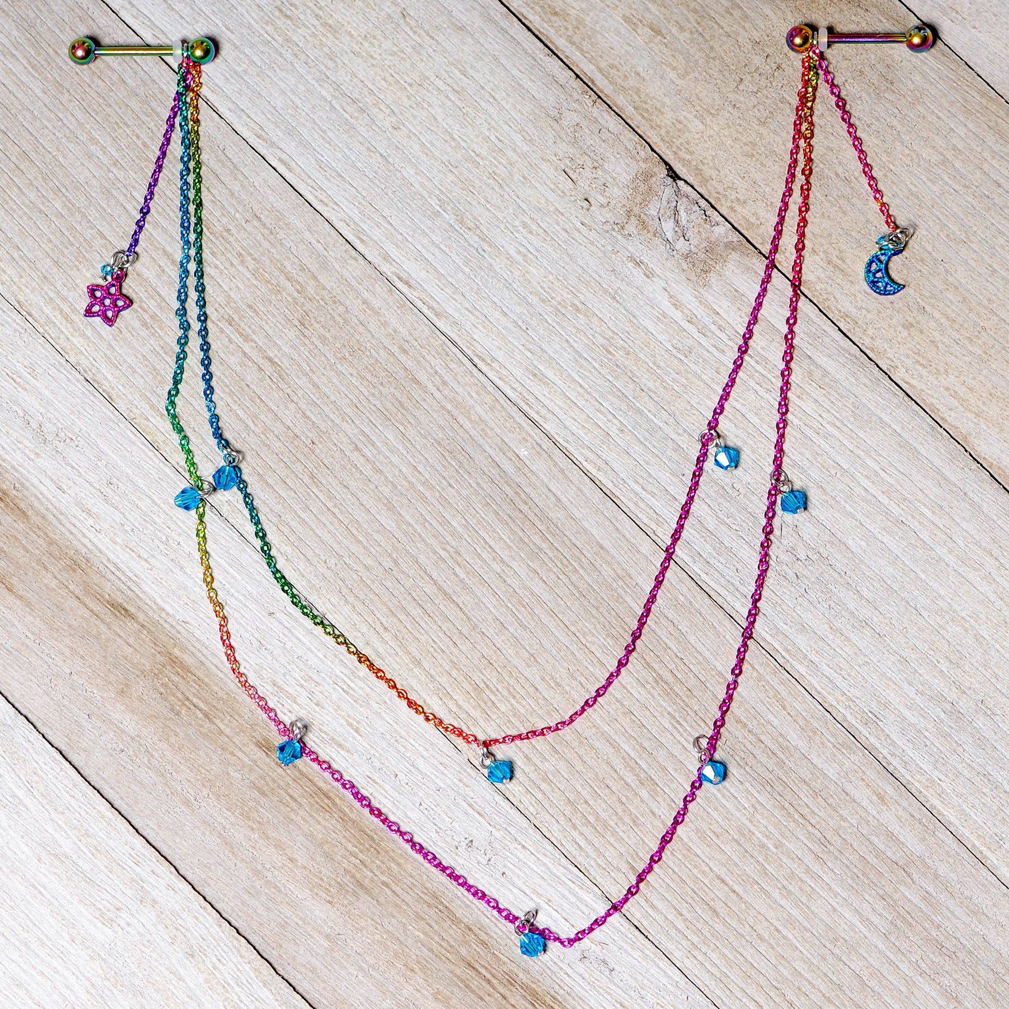 14G 5/8 Blue Gem Rainbow Moon Star Double Dangle Nipple Chain