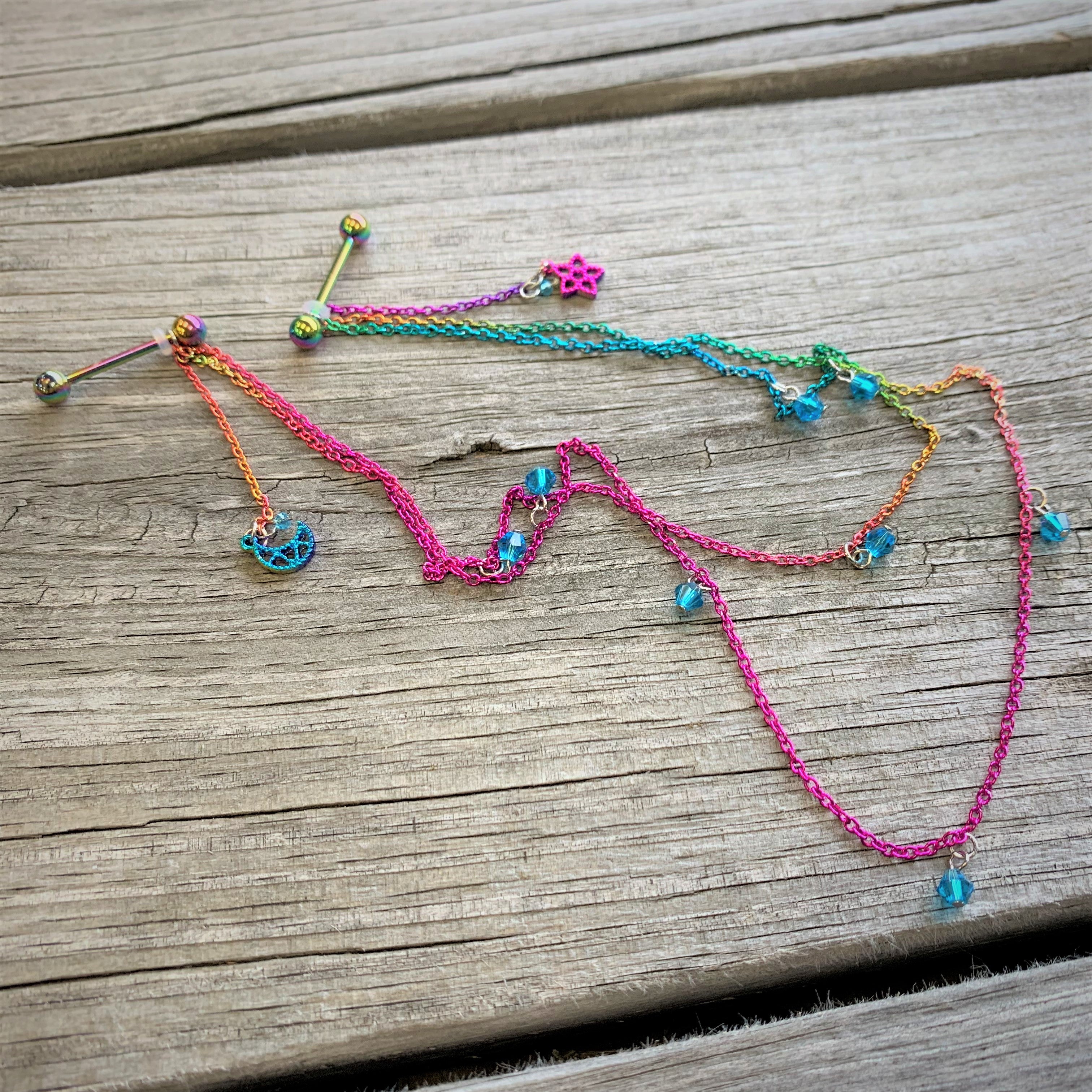 14G 5/8 Blue Gem Rainbow Moon Star Double Dangle Nipple Chain