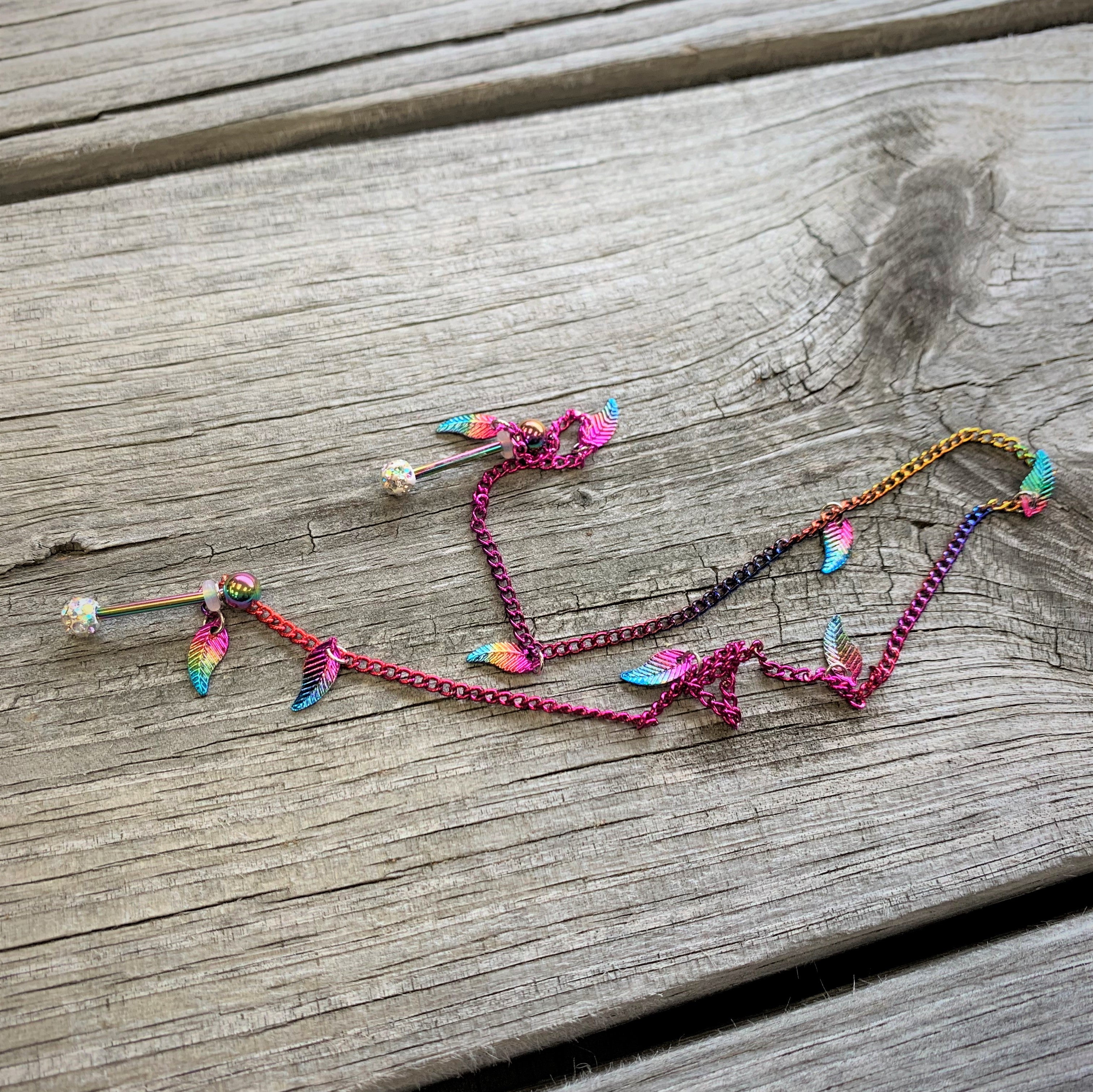 14G 5/8 Clear Gem Rainbow Autumn Leaves Dangle Nipple Chain