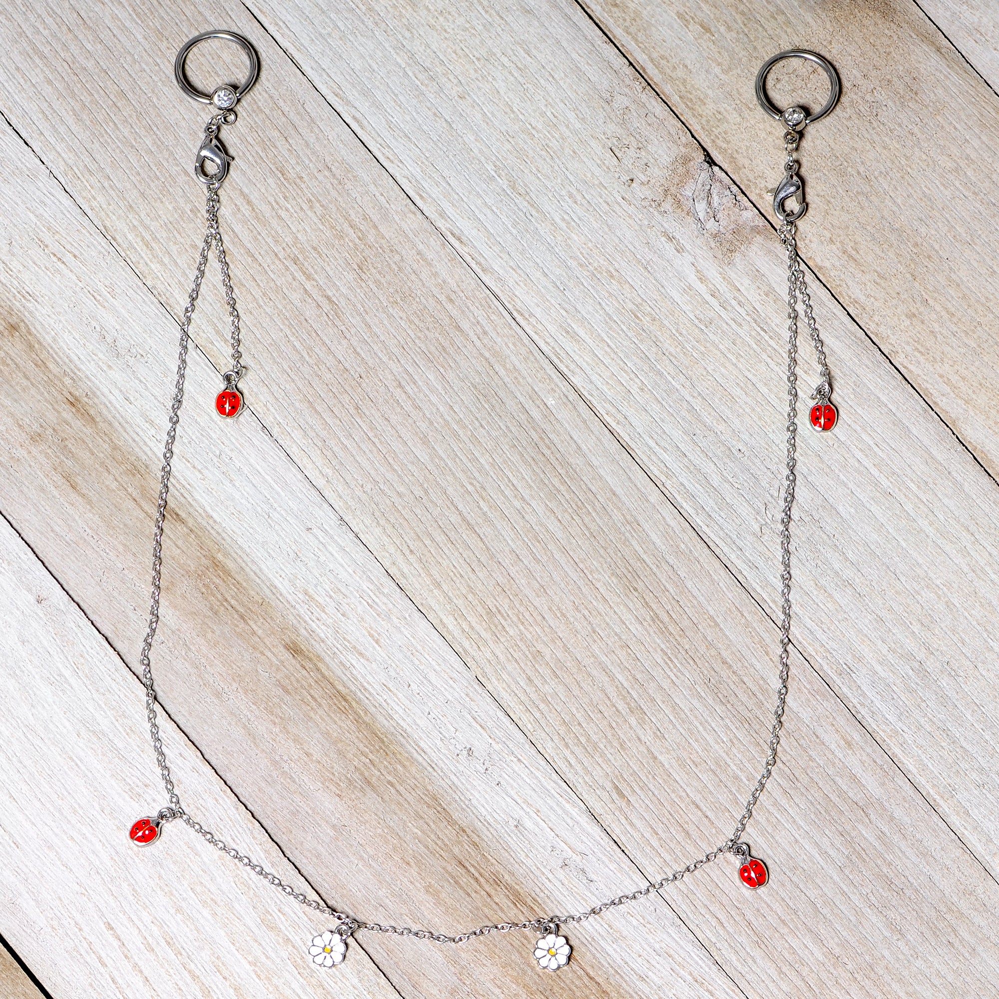 14G 9/16 Clear Gem Ladybug BCR Captive Ring Dangle Nipple Chain