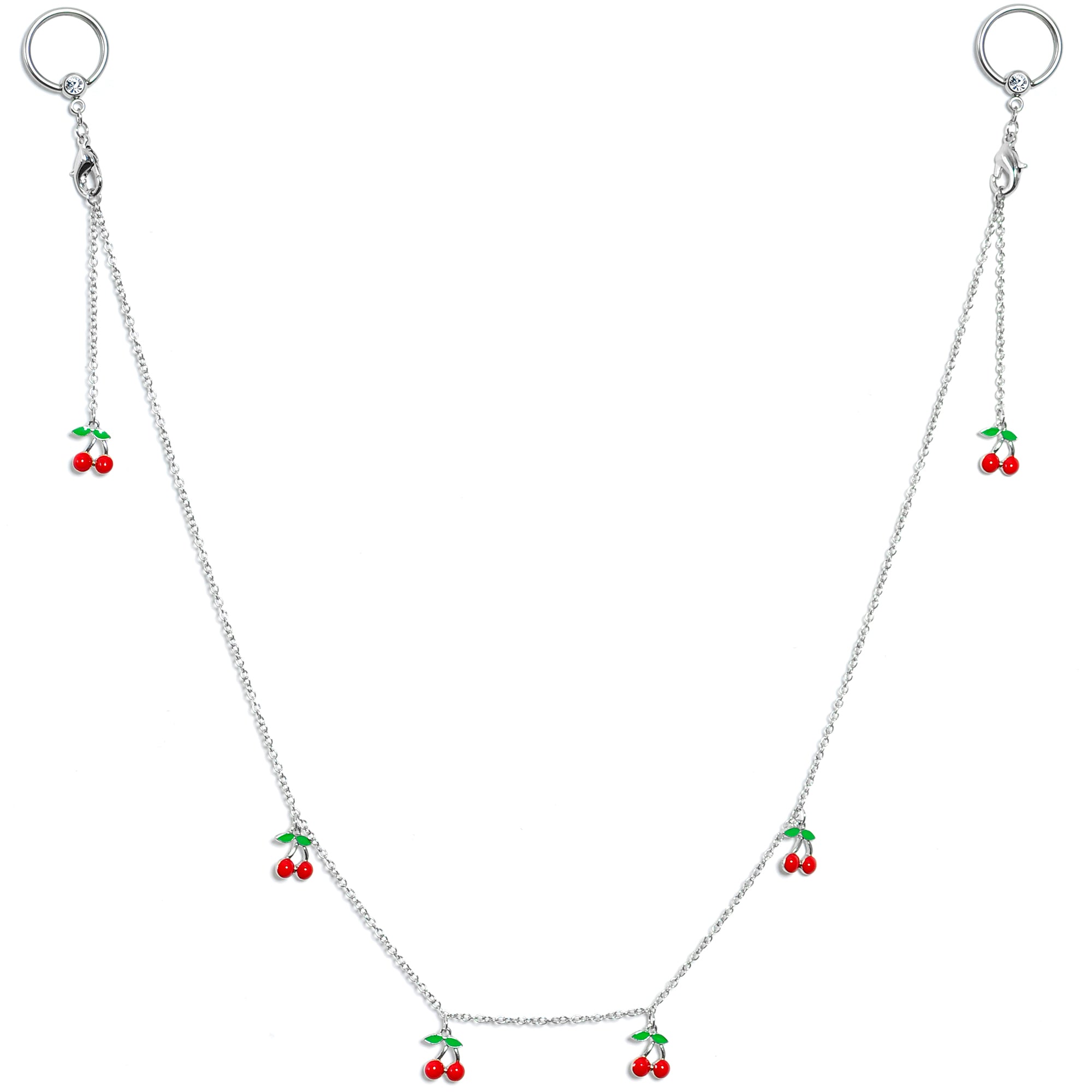 14G 9/16 Clear Gem Red Cherry Captive Ring Dangle Nipple Chain