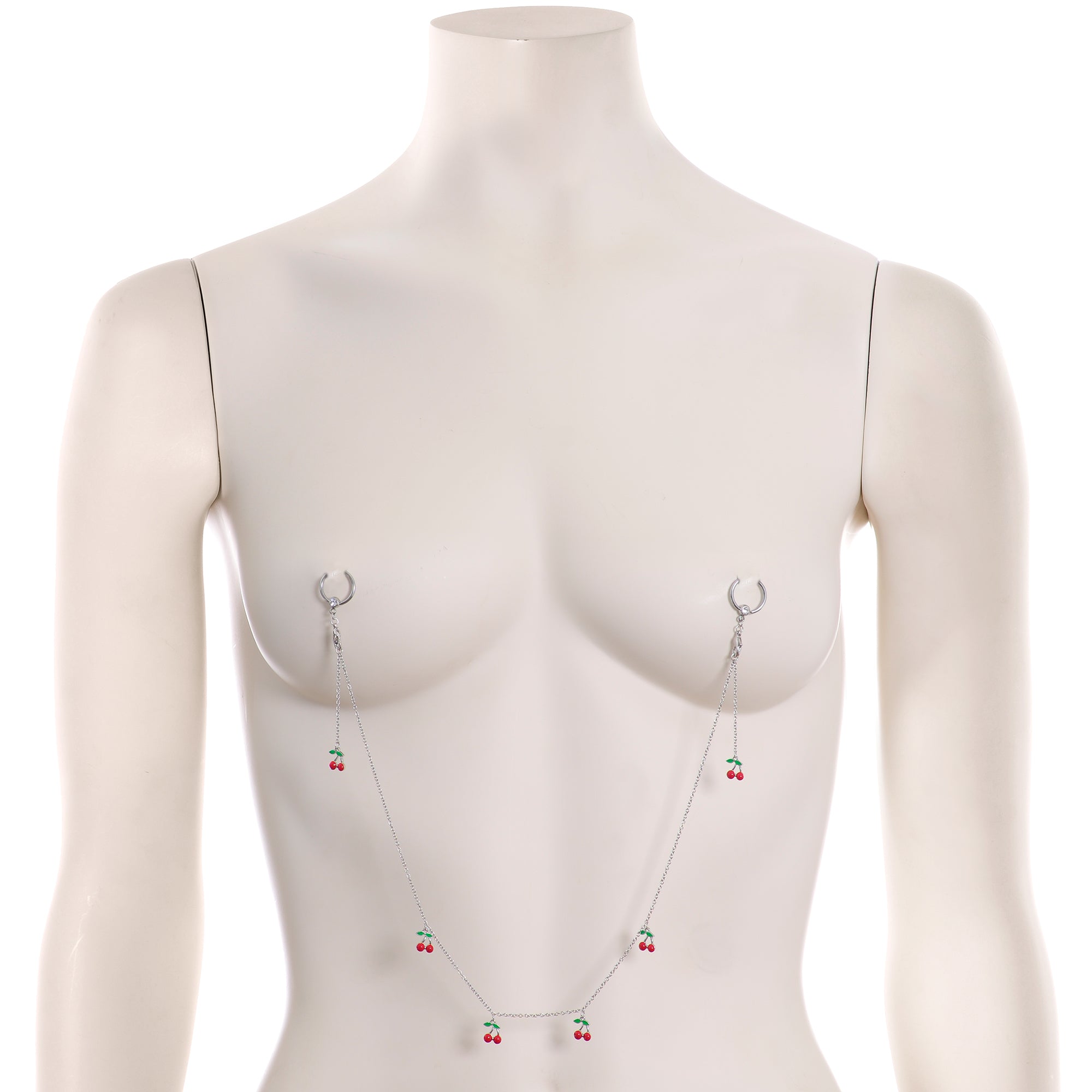 14G 9/16 Clear Gem Red Cherry Captive Ring Dangle Nipple Chain