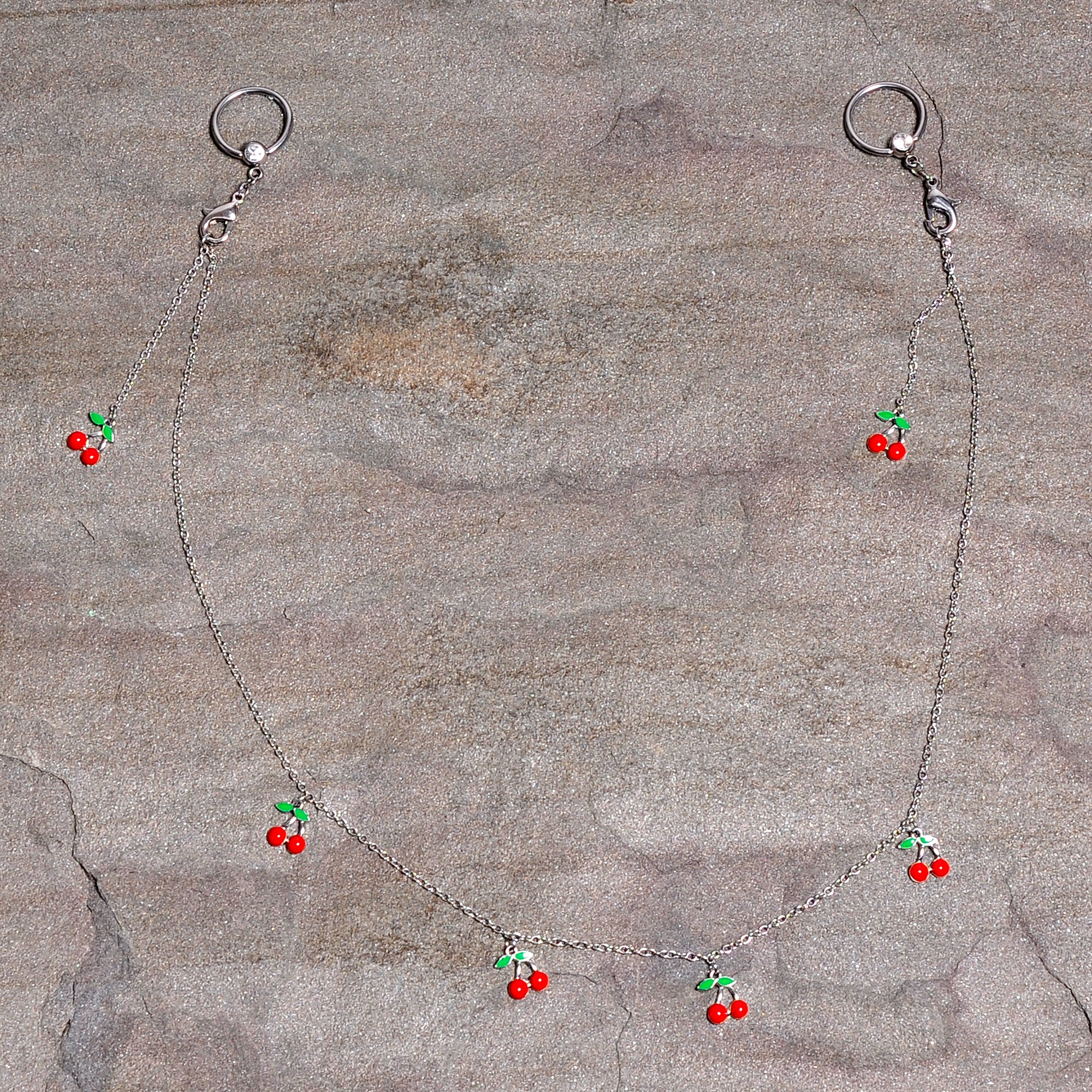 14G 9/16 Clear Gem Red Cherry Captive Ring Dangle Nipple Chain