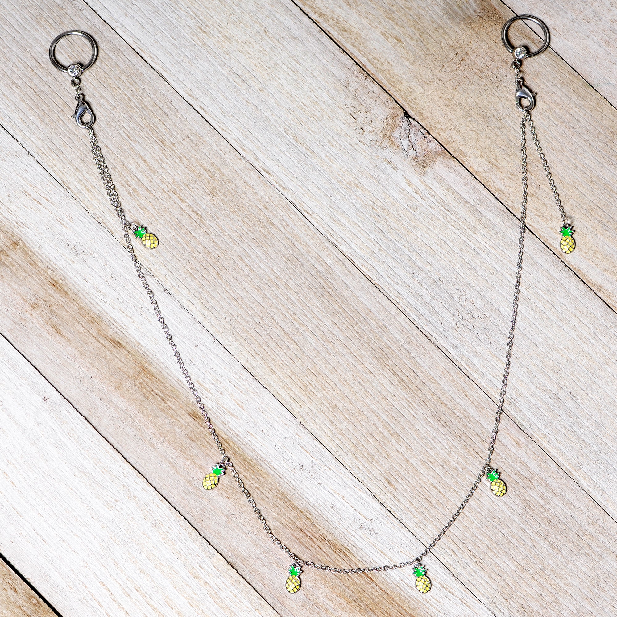 14G 9/16 Clear Gem Pineapple BCR Captive Ring Dangle Nipple Chain