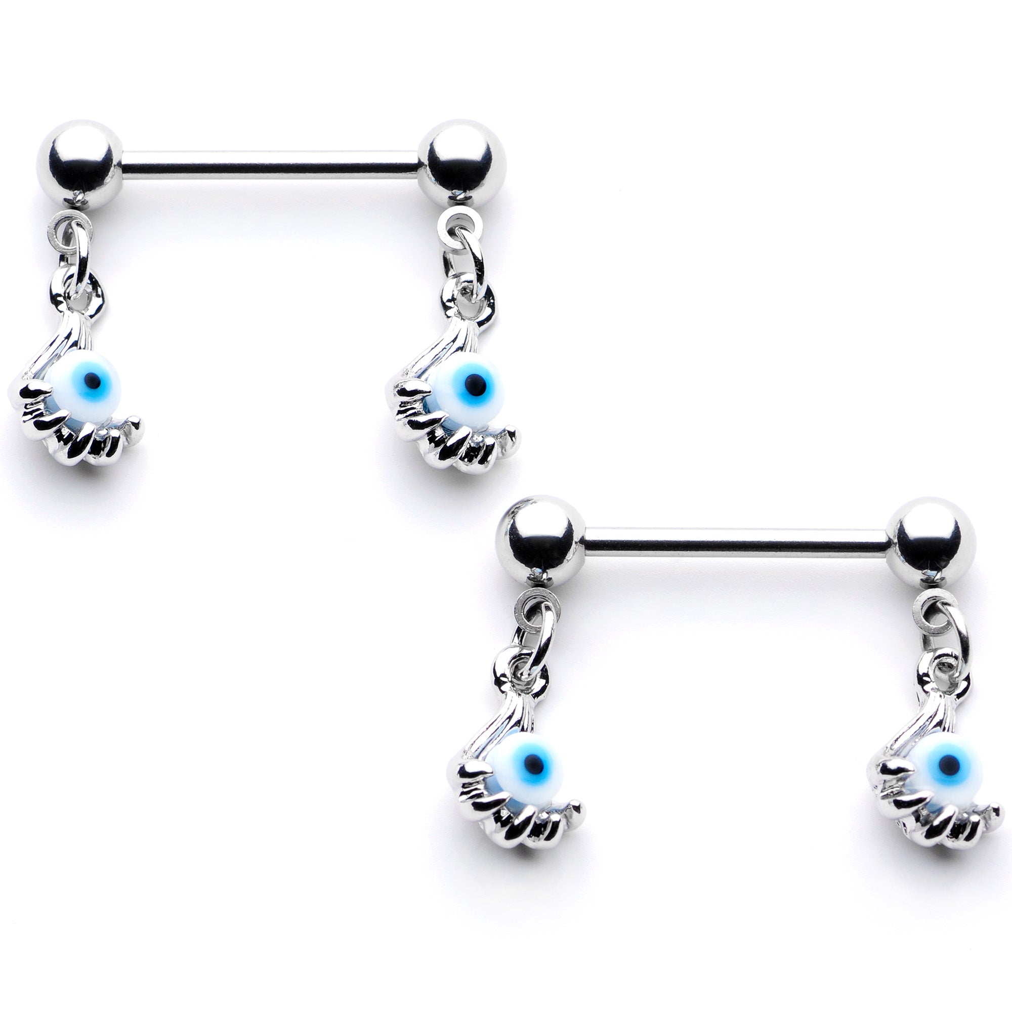14G 5/8 Blue Eyeball Hand Halloween Dangle Nipple Ring Set