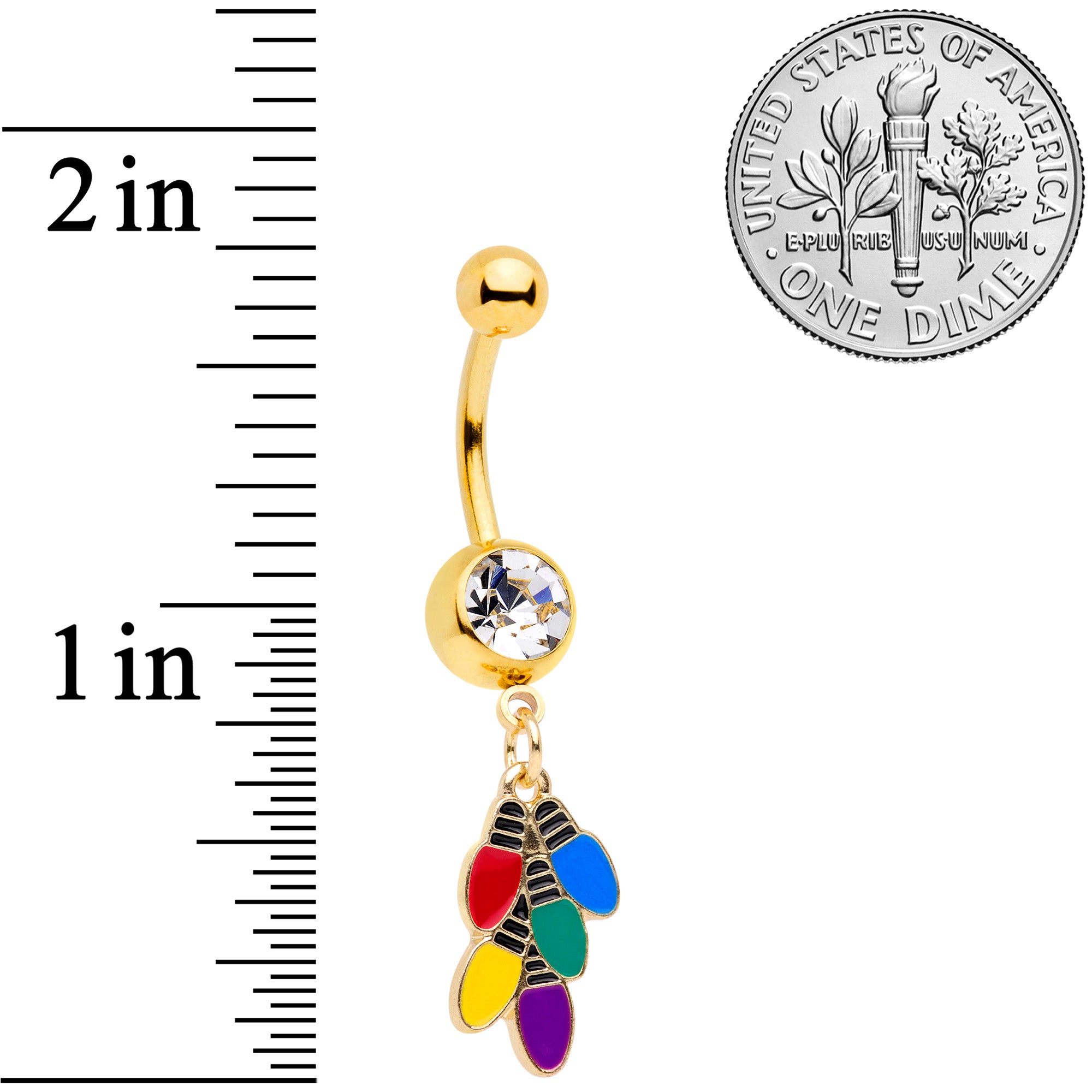 Clear Gem Gold Tone Christmas Lights Holiday Dangle Belly Ring