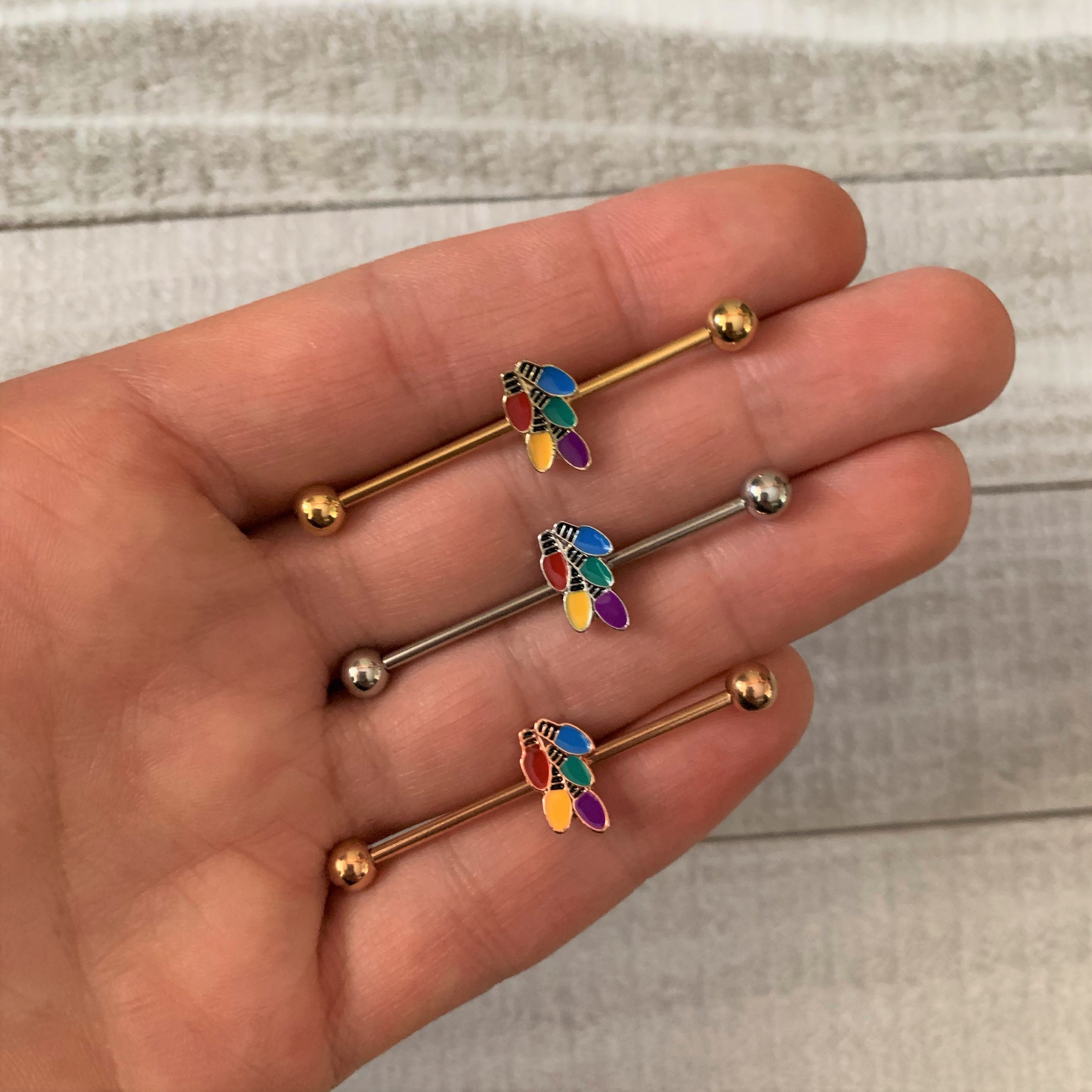 14G Rose Gold Tone Christmas Lights Industrial Barbell 38mm