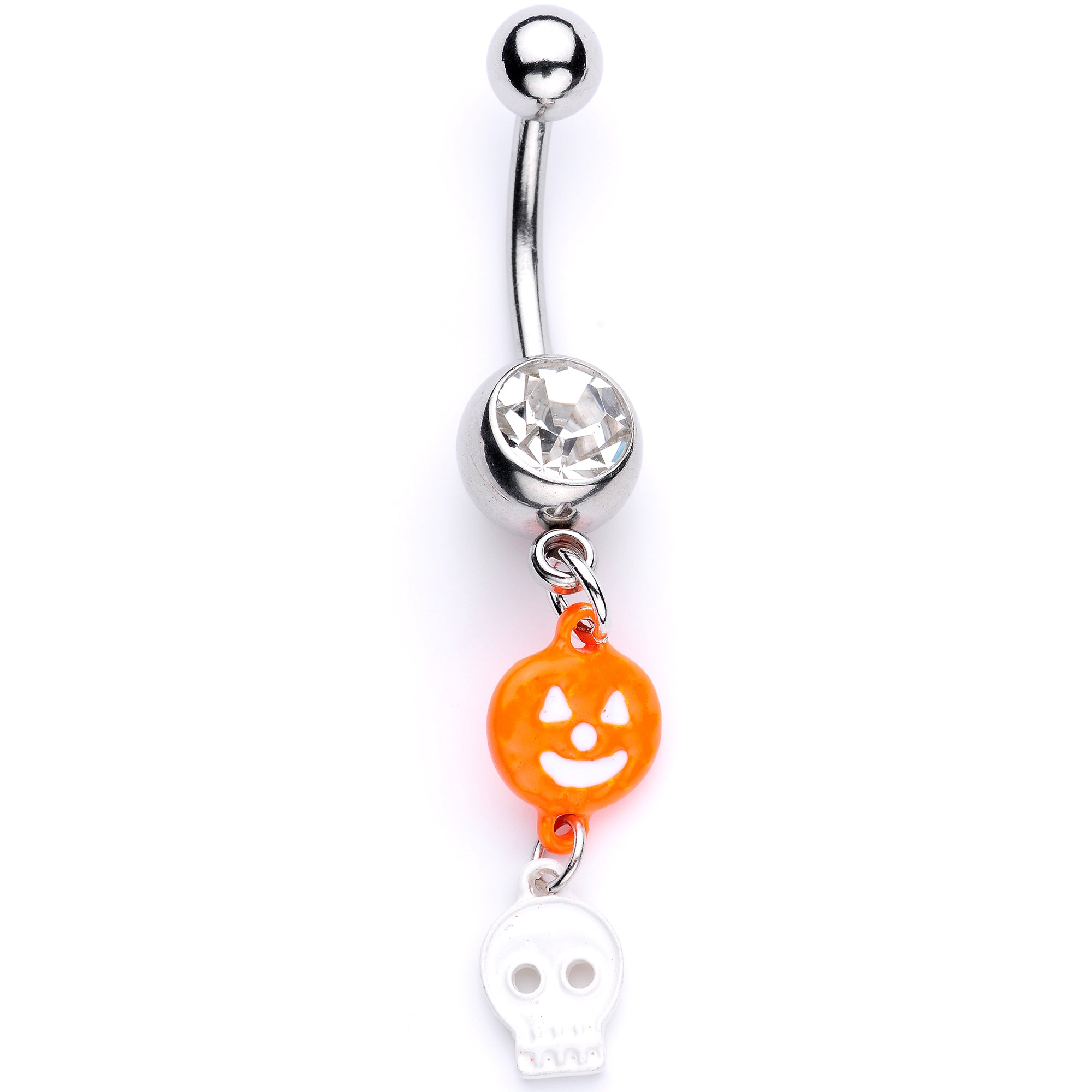 Clear Gem Orange Pumpkin Skull Halloween Dangle Belly Ring