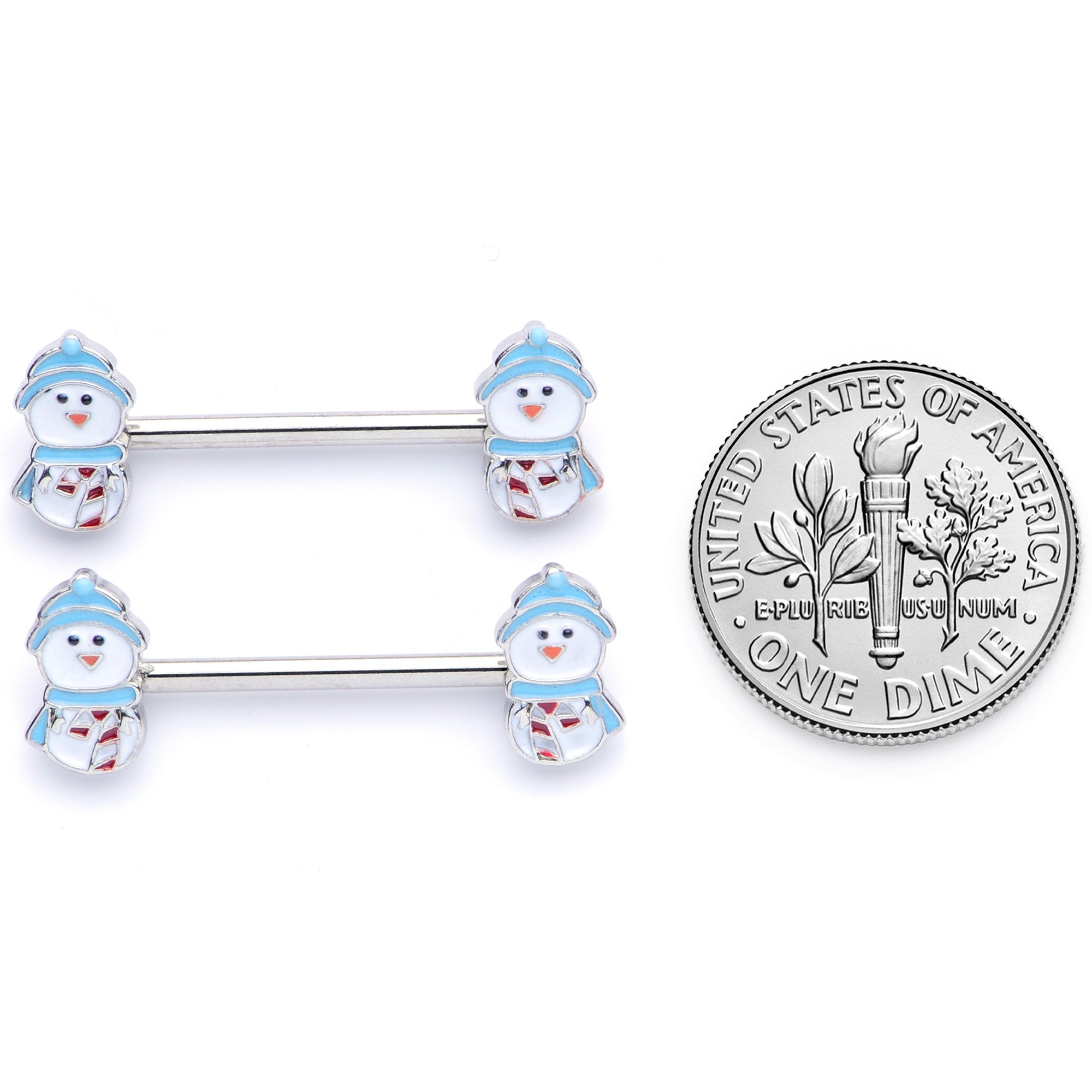 14G 5/8 Snowman Winter Holiday Christmas Barbell Nipple Ring Set