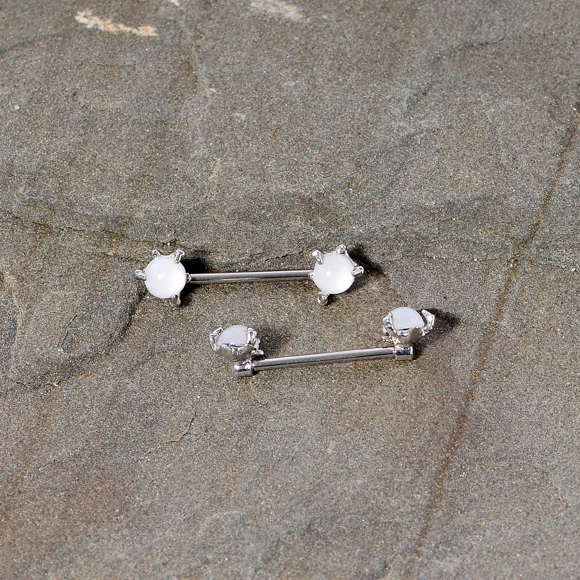 14G 5/8 White Faux Opal Dragon Claw Barbell Nipple Ring Set