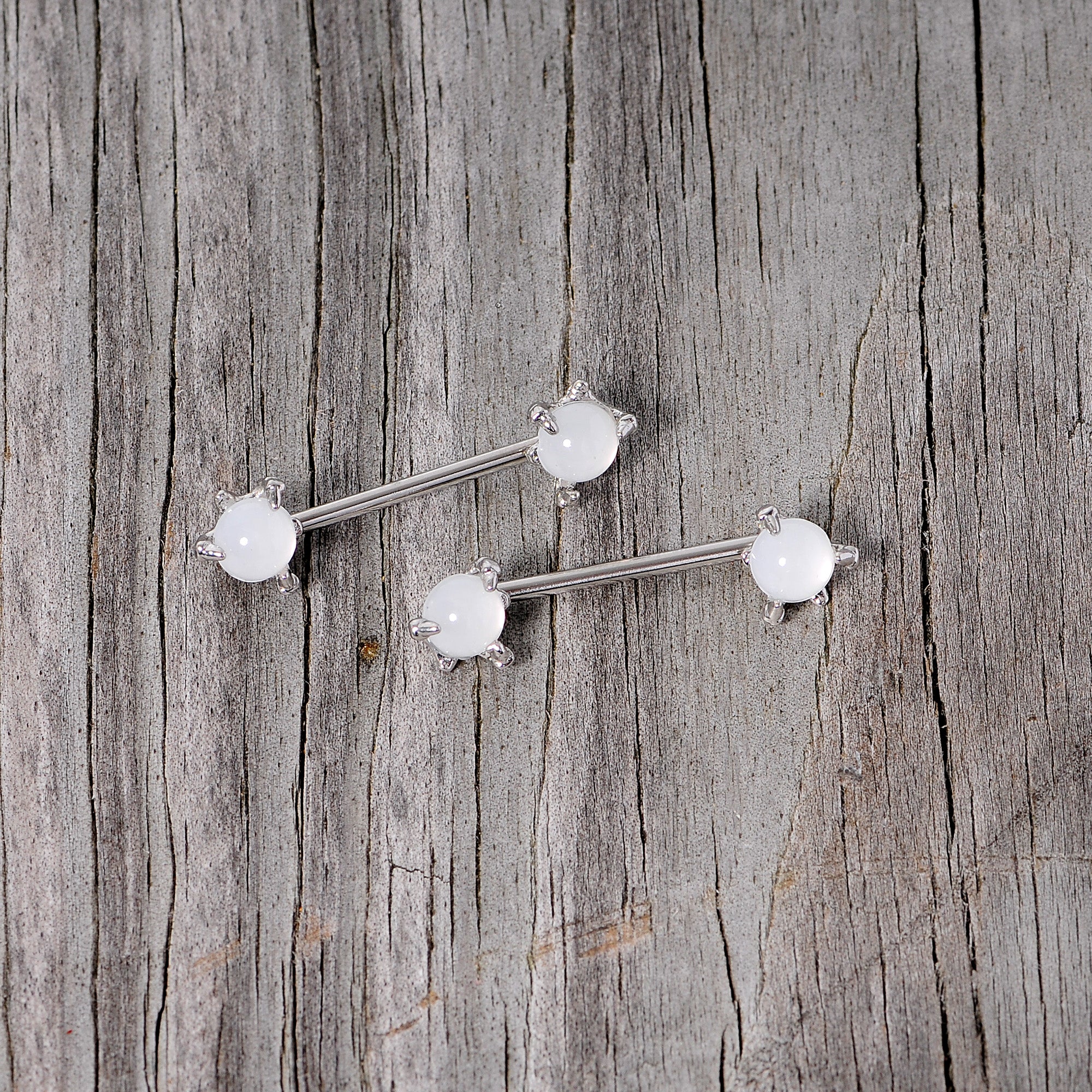 14G 5/8 White Faux Opal Dragon Claw Barbell Nipple Ring Set