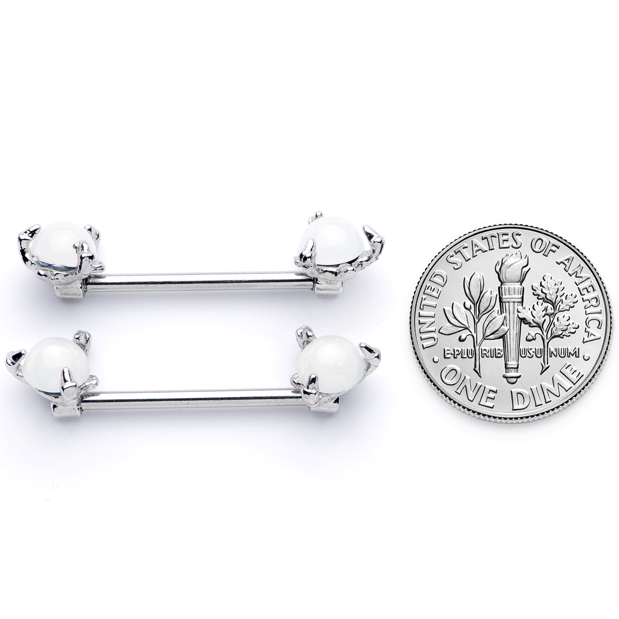 14G 5/8 White Faux Opal Dragon Claw Barbell Nipple Ring Set