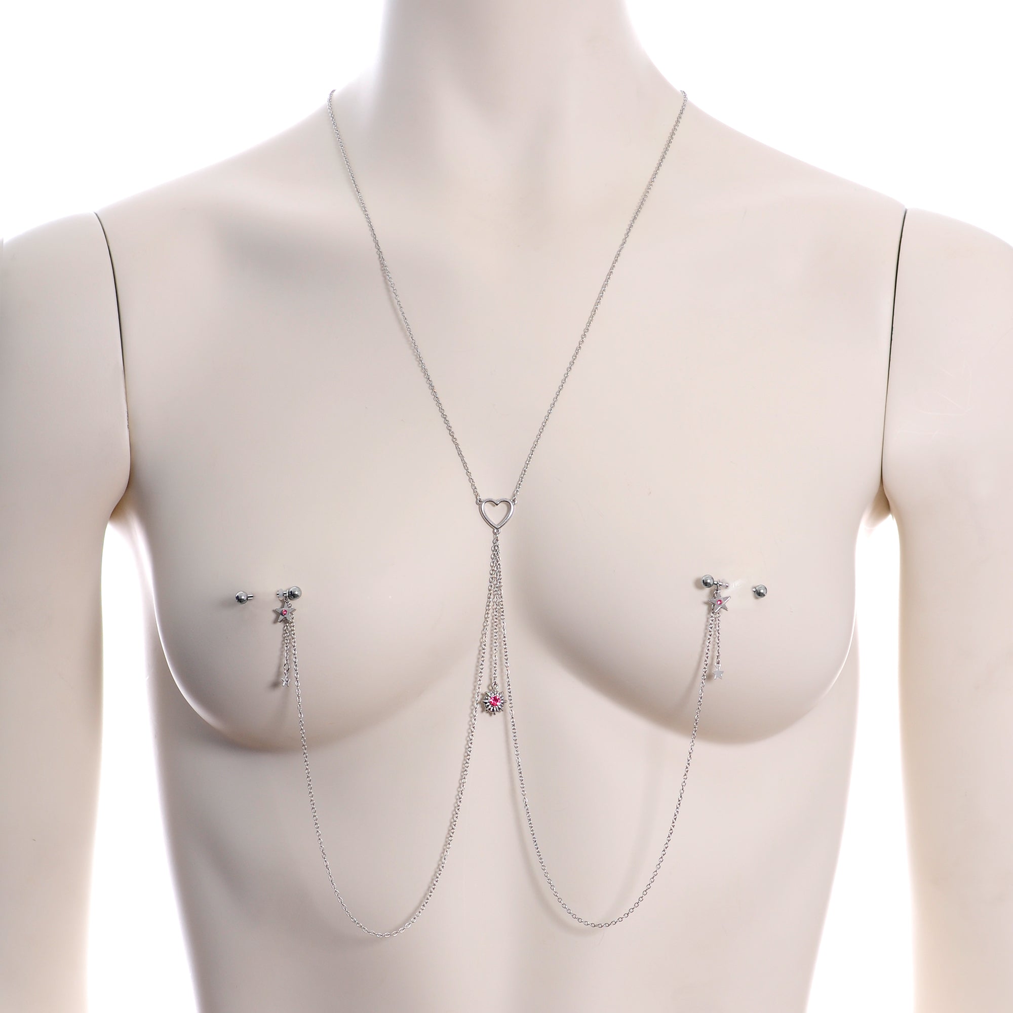 14G 5/8 Pink Gem Sun Heart Star Nipple Chain Necklace