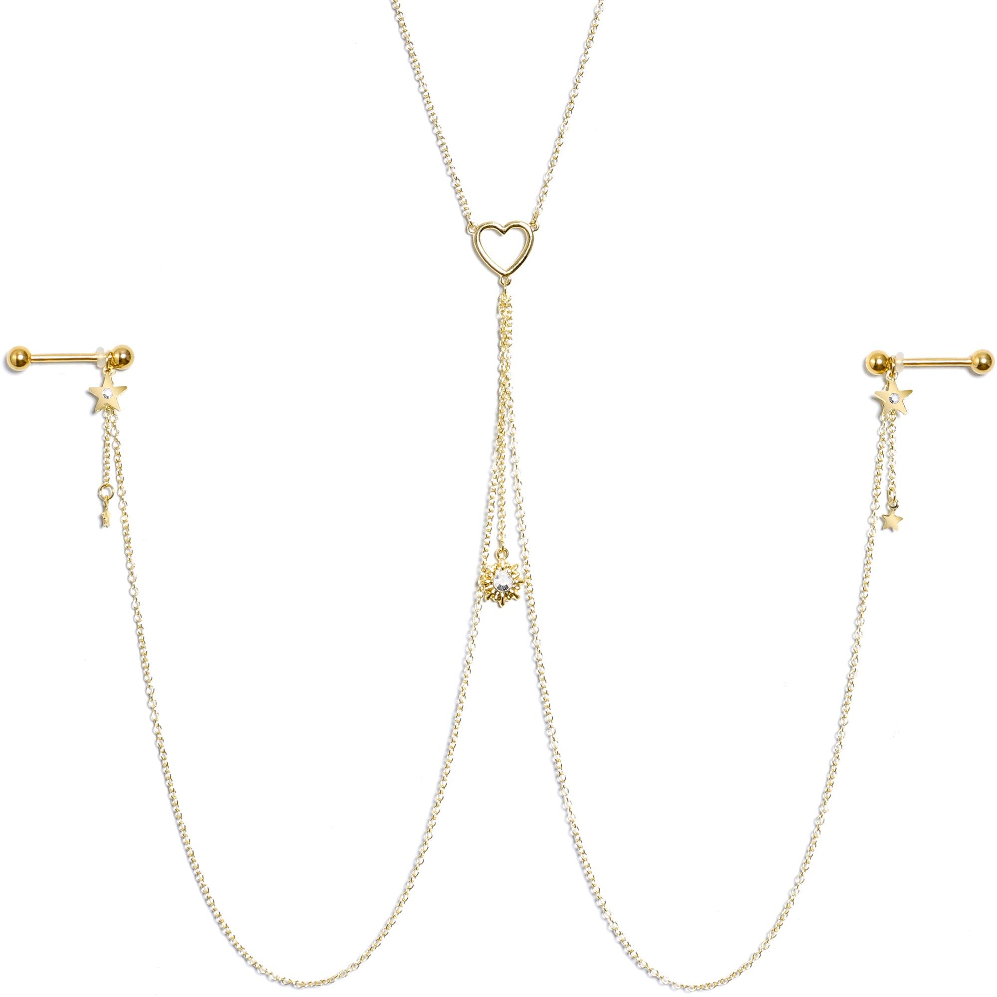 14G 5/8 Clear Gem Gold Tone Sun Heart Star Nipple Chain Necklace