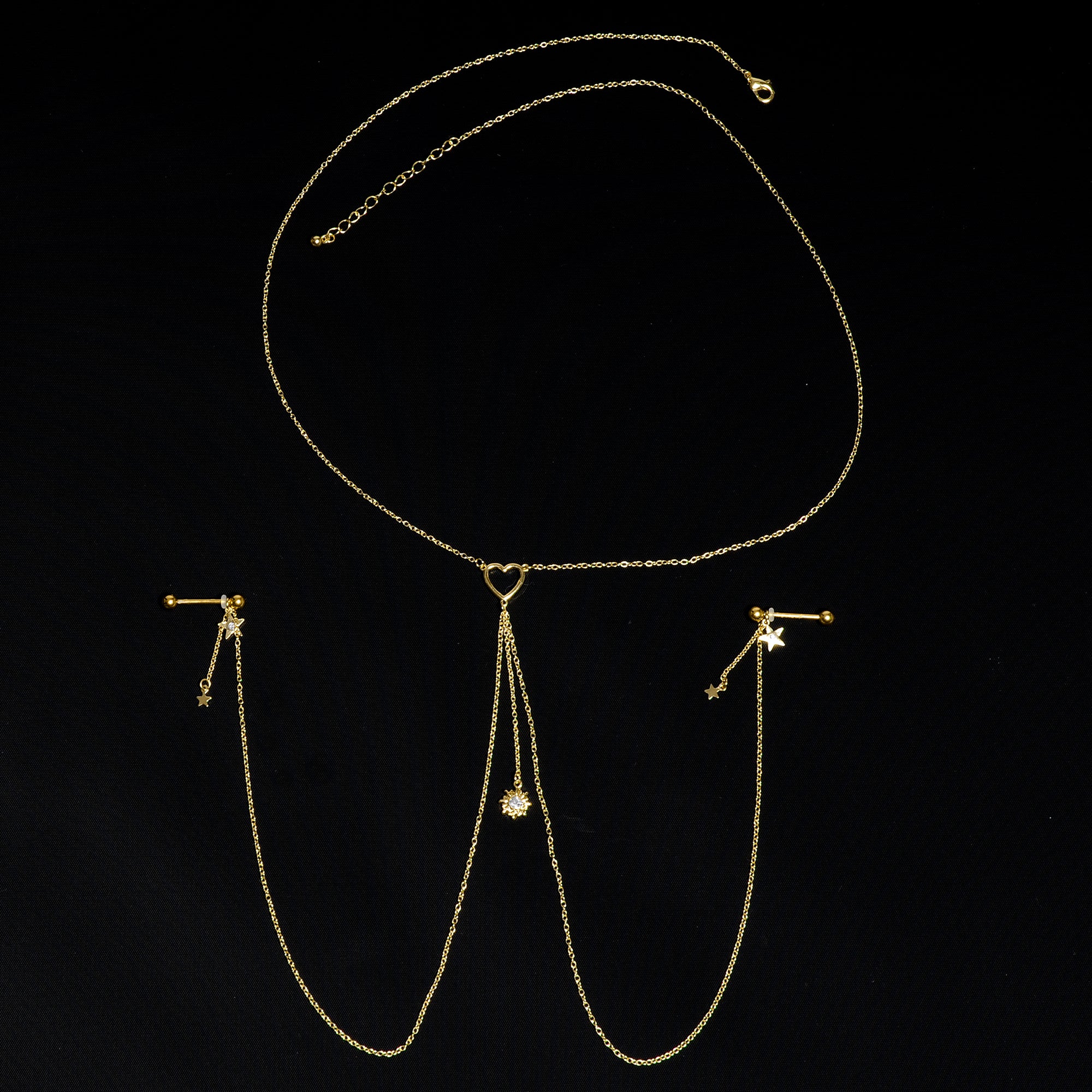 14G 5/8 Clear Gem Gold Tone Sun Heart Star Nipple Chain Necklace