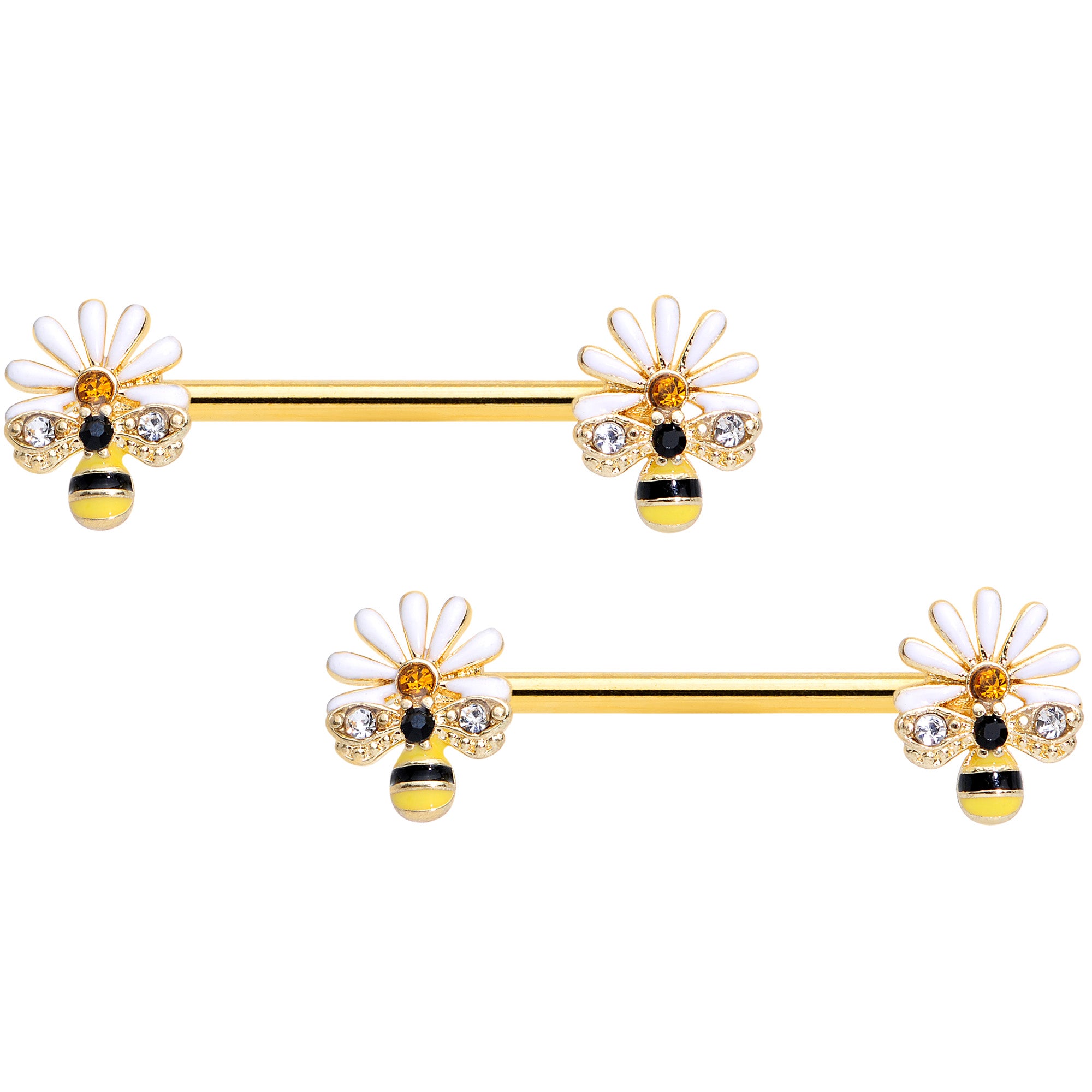 14G 9/16 Clear Gem Gold Tone Flower Bee Barbell Nipple Ring Set