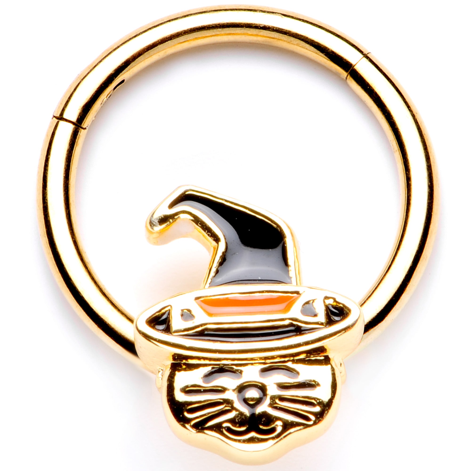 16G 3/8 Gold Tone Witch Hat Cat Halloween Hinged Segment Ring