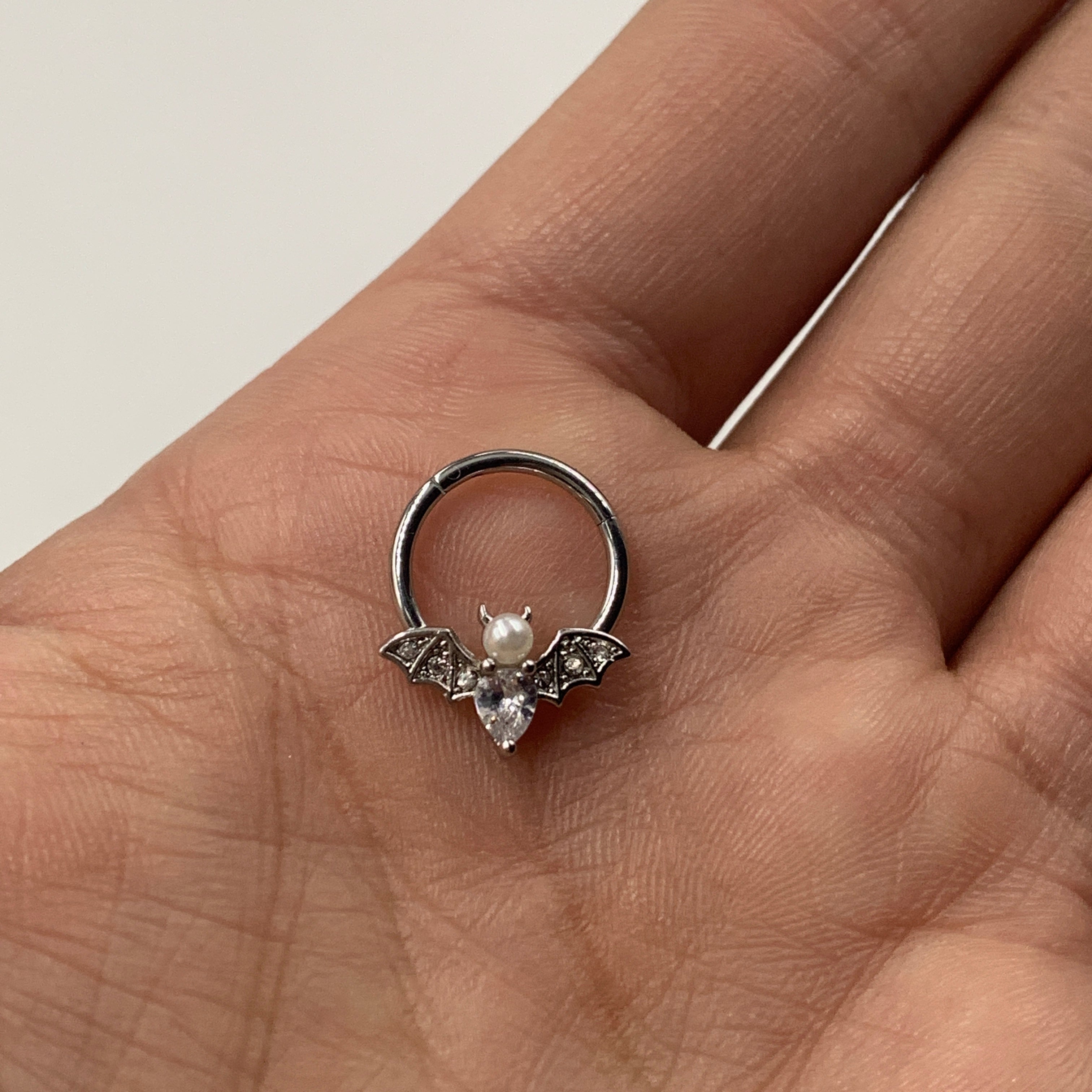 16G 3/8 Clear Gem Vampire Bat Halloween Hinged Segment Ring