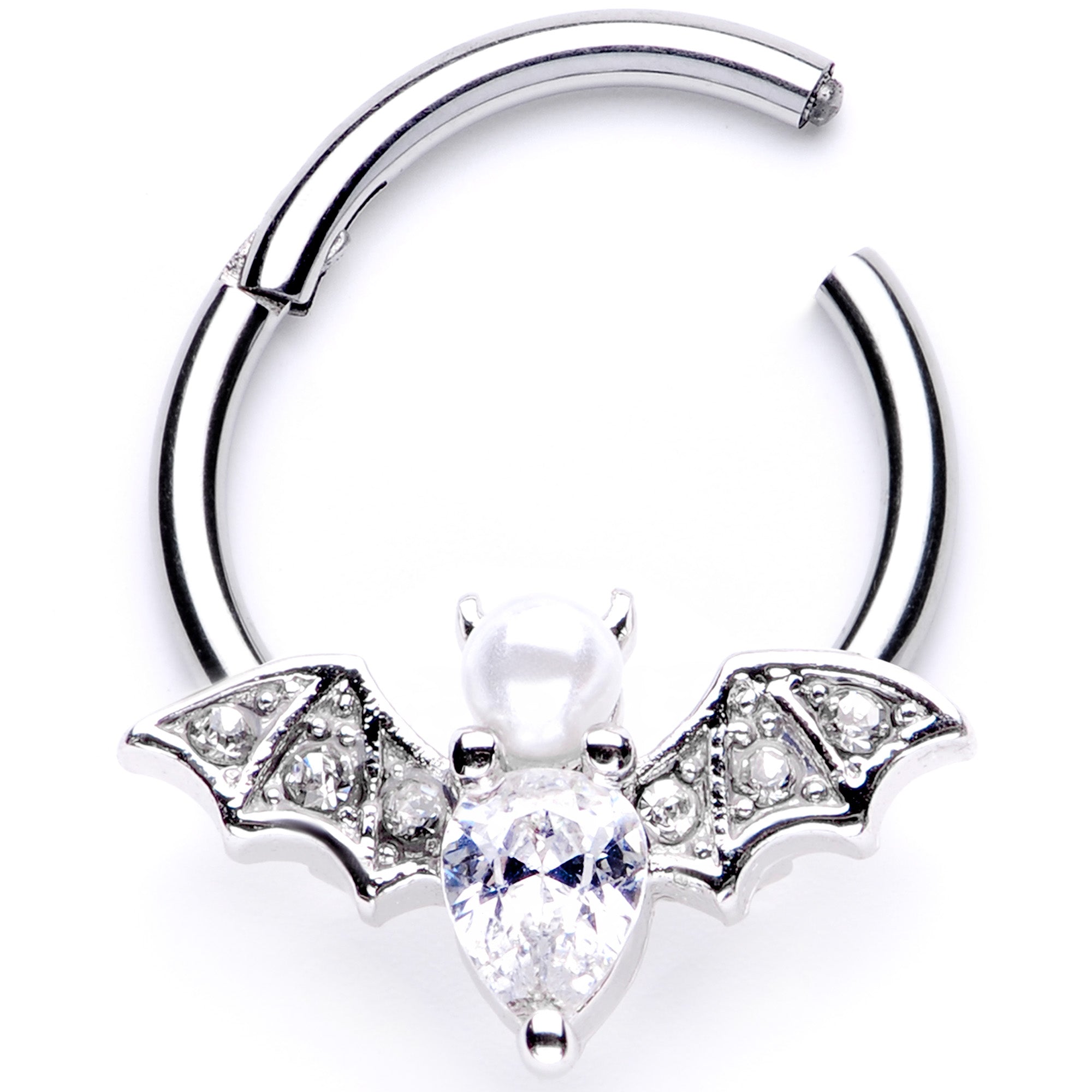16G 3/8 Clear Gem Vampire Bat Halloween Hinged Segment Ring