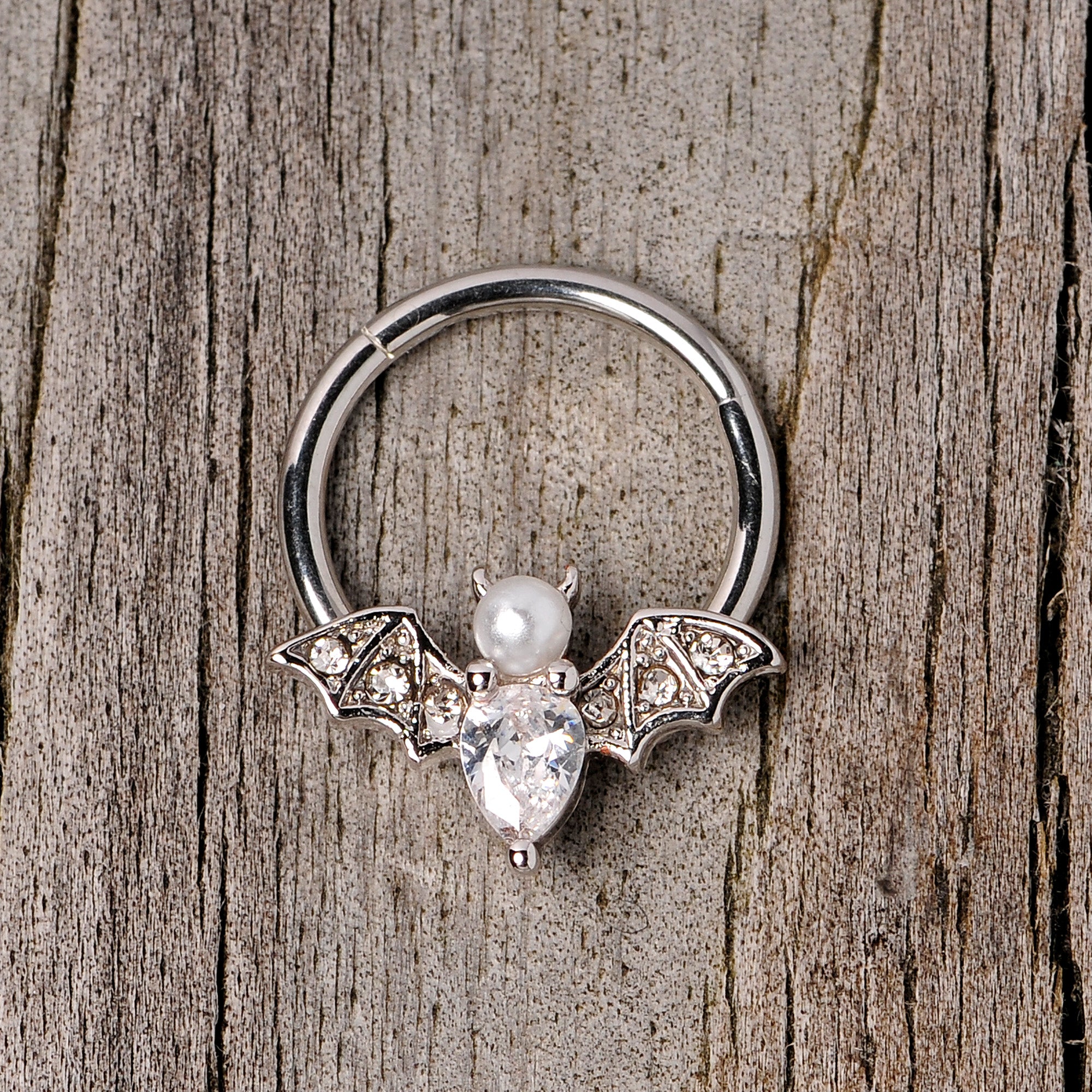 16G 3/8 Clear Gem Vampire Bat Halloween Hinged Segment Ring