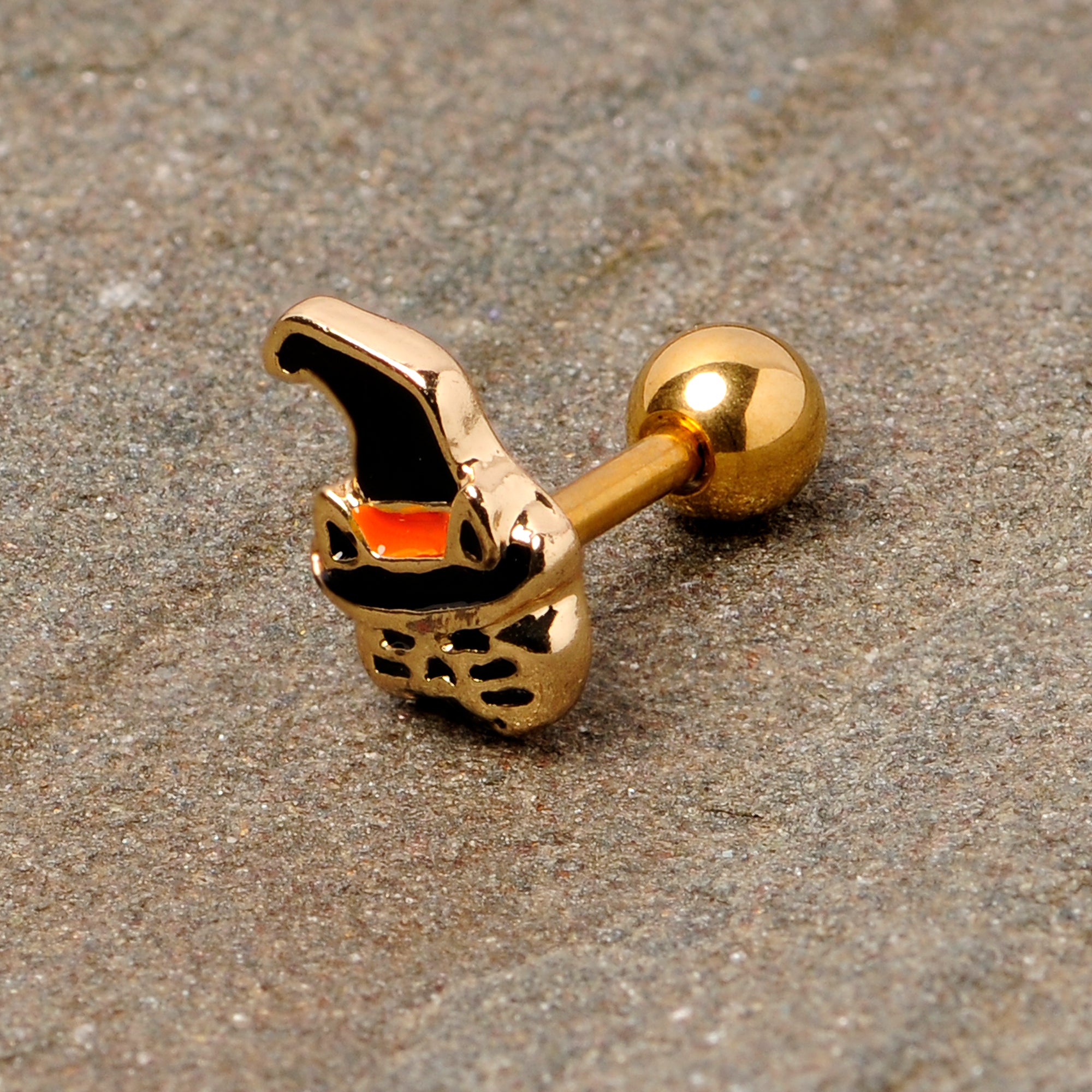 16G 1/4 Black Gold Tone Witch Hat Cat Halloween Cartilage Tragus