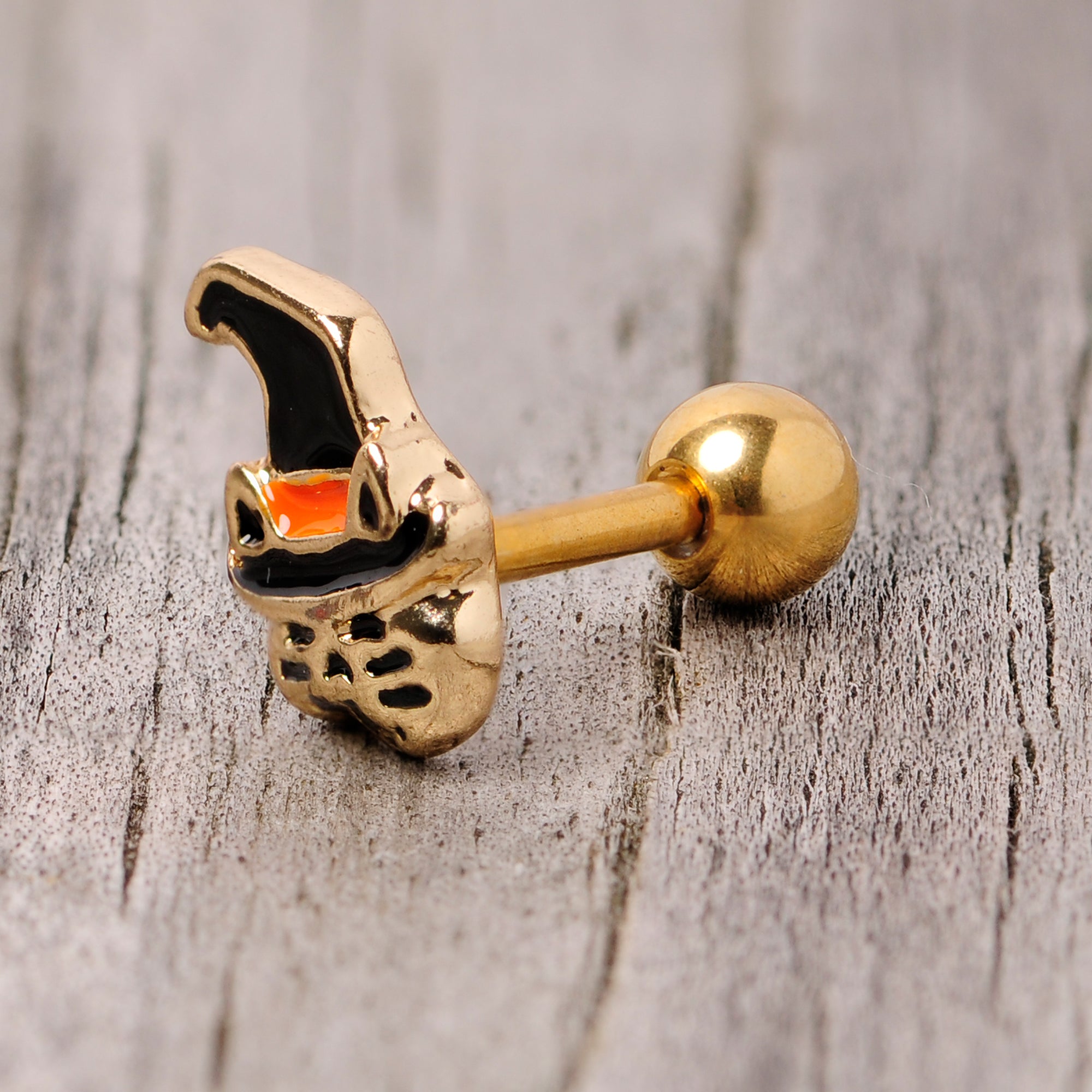 16G 1/4 Black Gold Tone Witch Hat Cat Halloween Cartilage Tragus