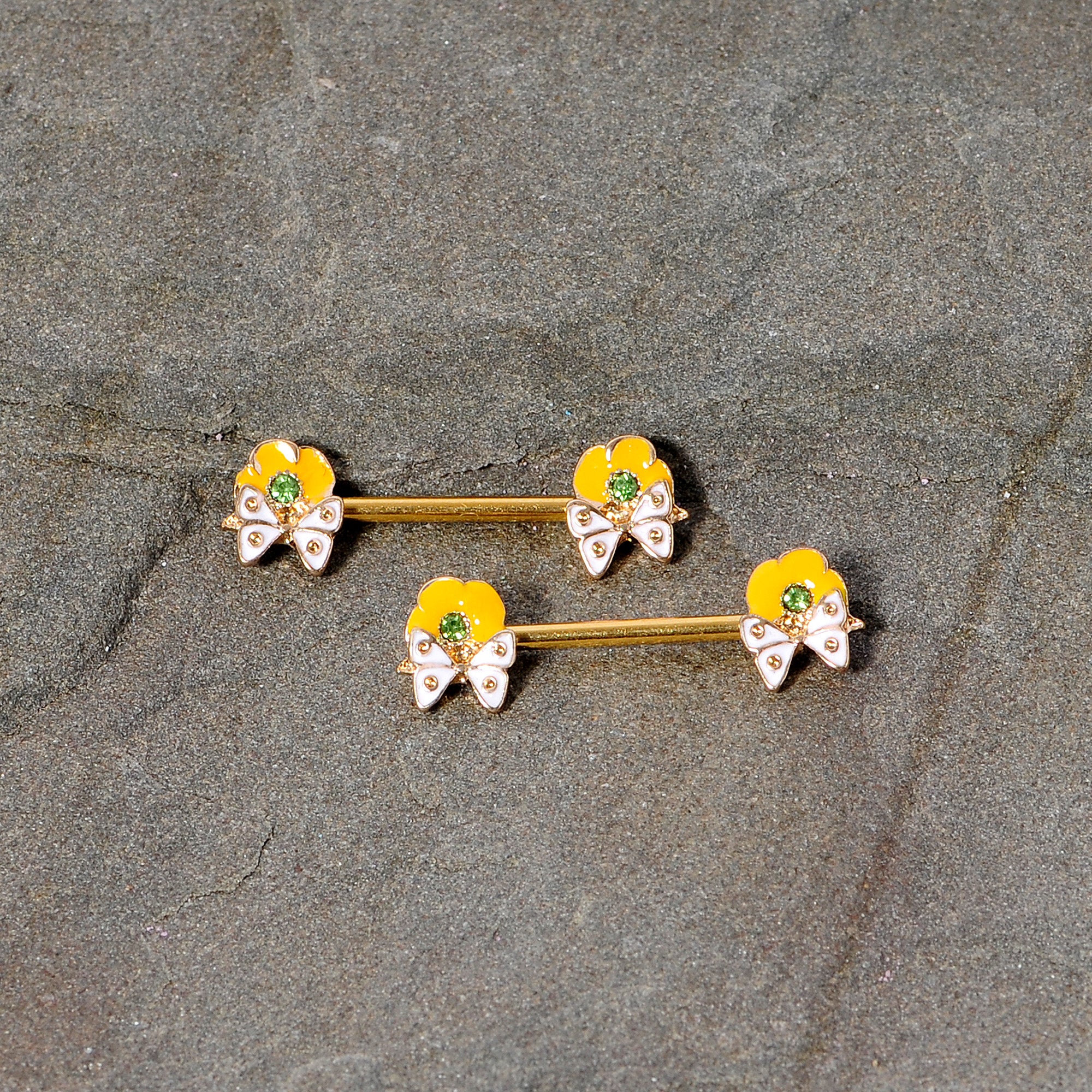 14G 9/16 Green Gem Gold Tone Butterfly Barbell Nipple Ring Set