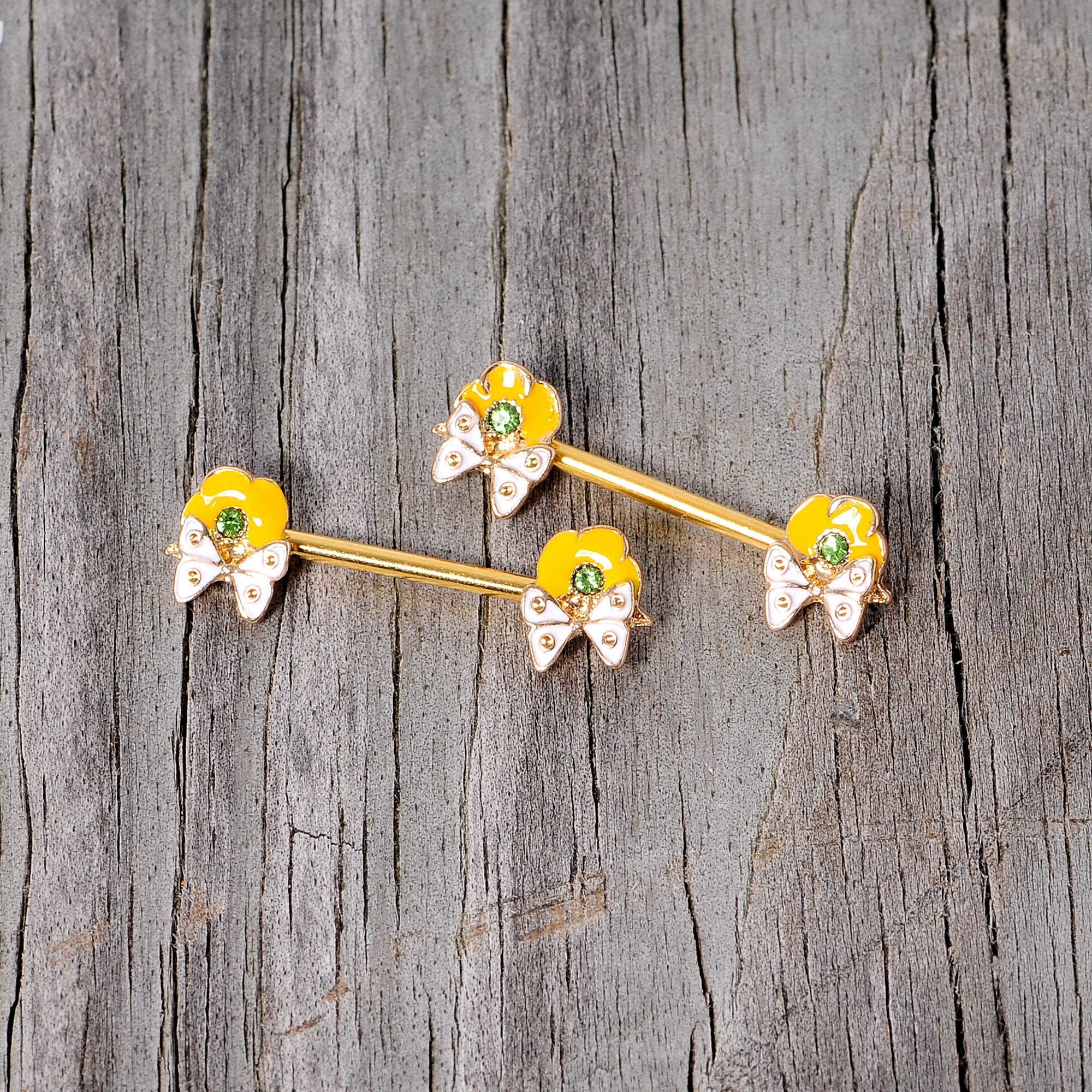 14G 9/16 Green Gem Gold Tone Butterfly Barbell Nipple Ring Set