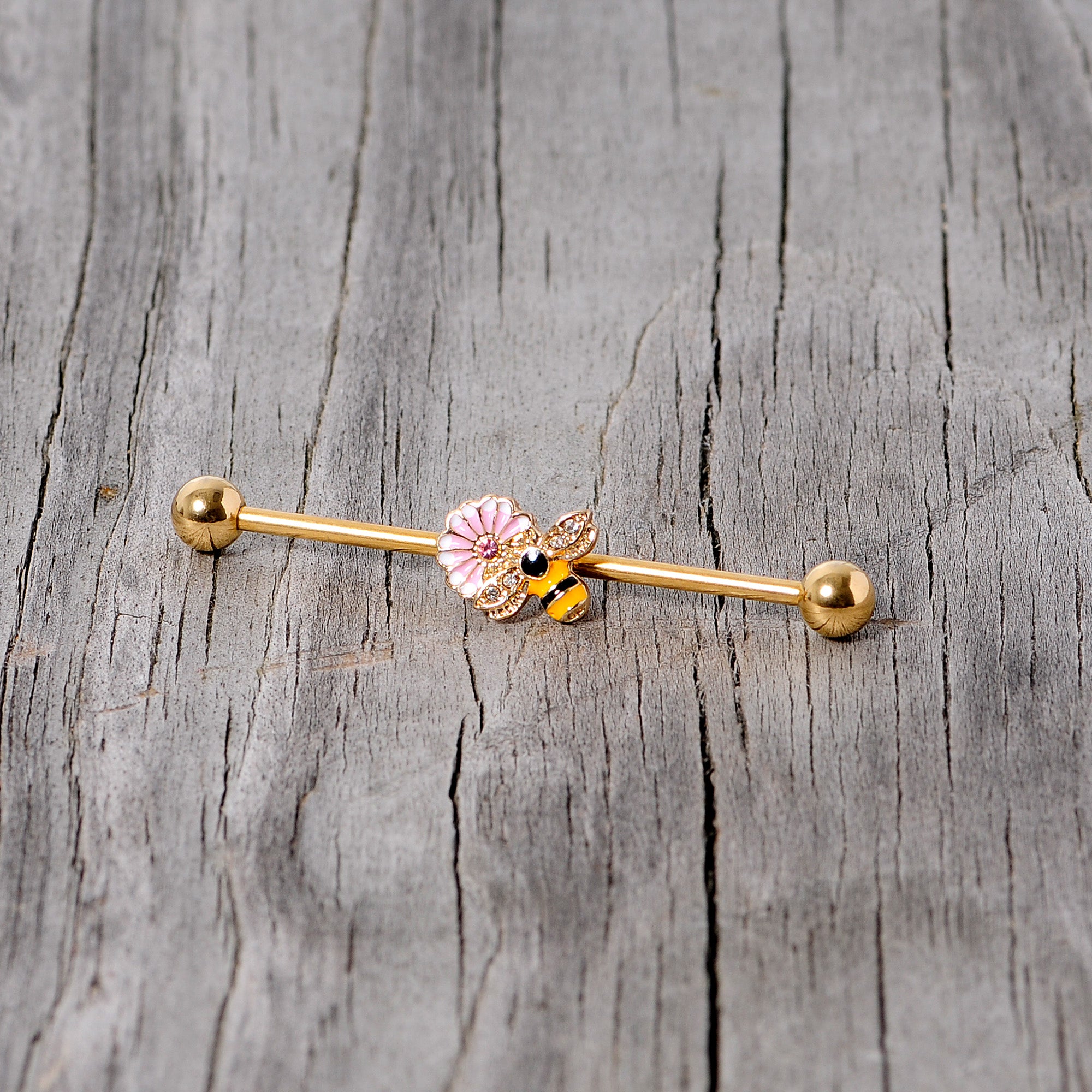 14G Pink Clear Gem Gold Tone Bee Blossom Industrial Barbell 38mm