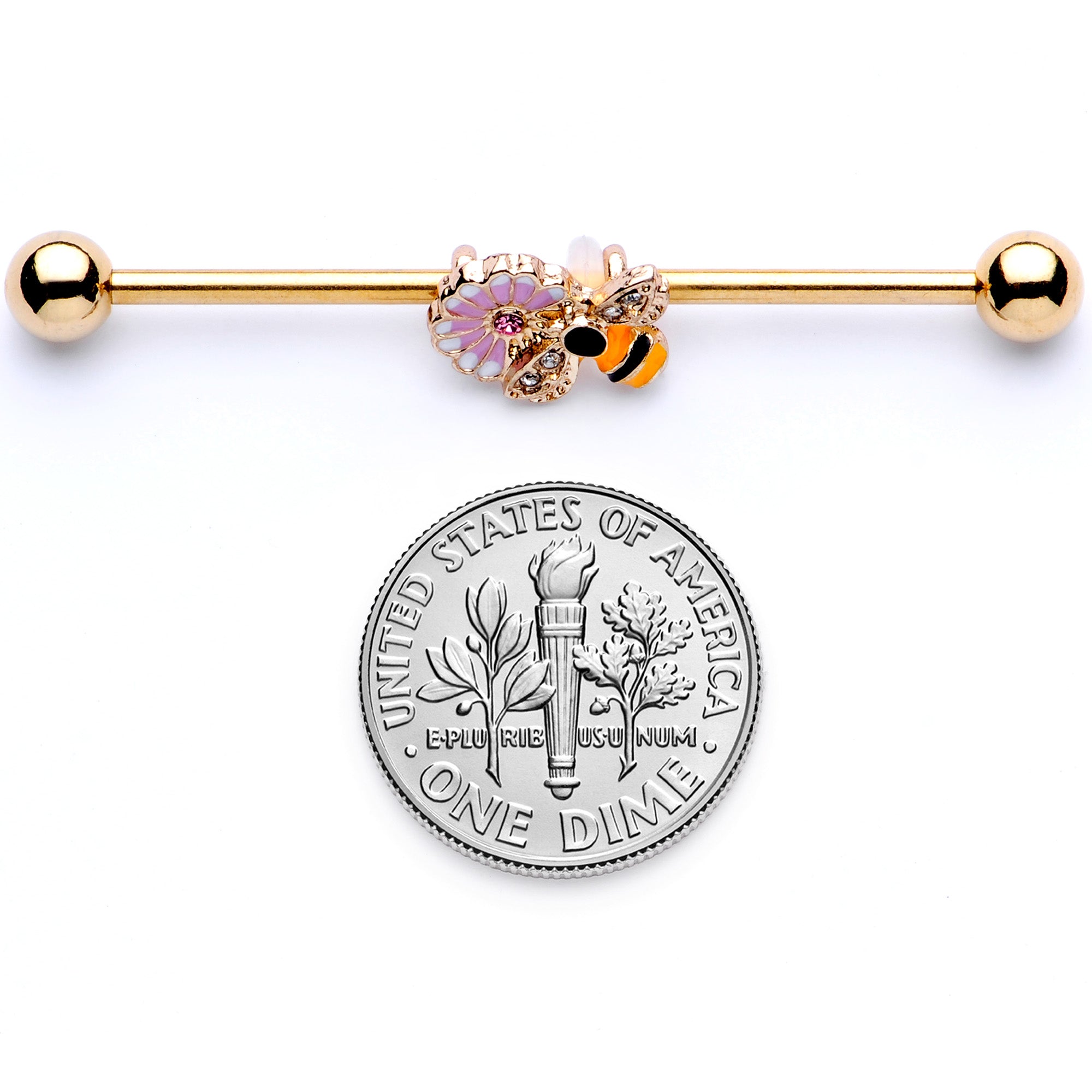 14G Pink Clear Gem Gold Tone Bee Blossom Industrial Barbell 38mm