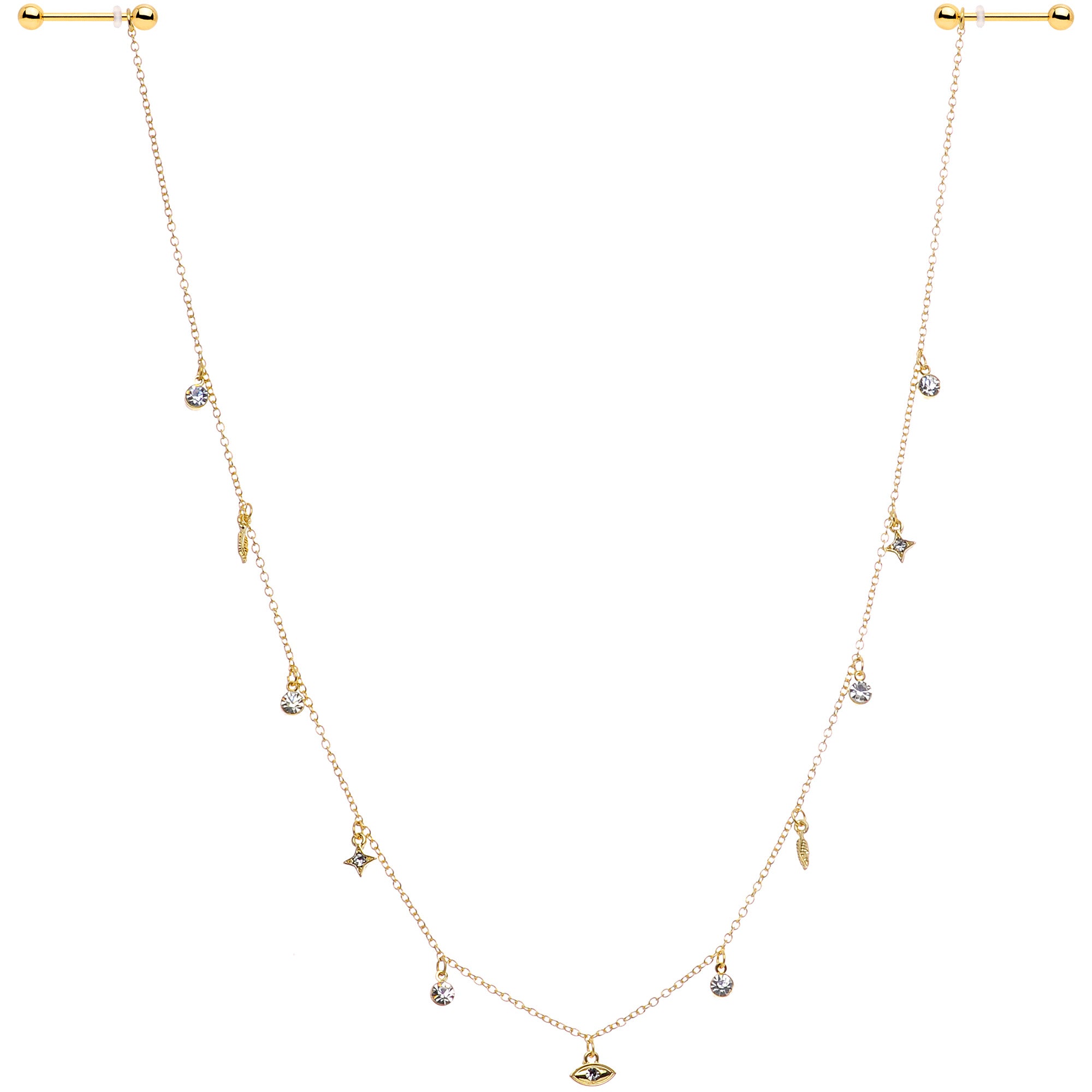 14G 9/16 Clear Gem Gold Tone Eye Star Feather Dangle Nipple Chain