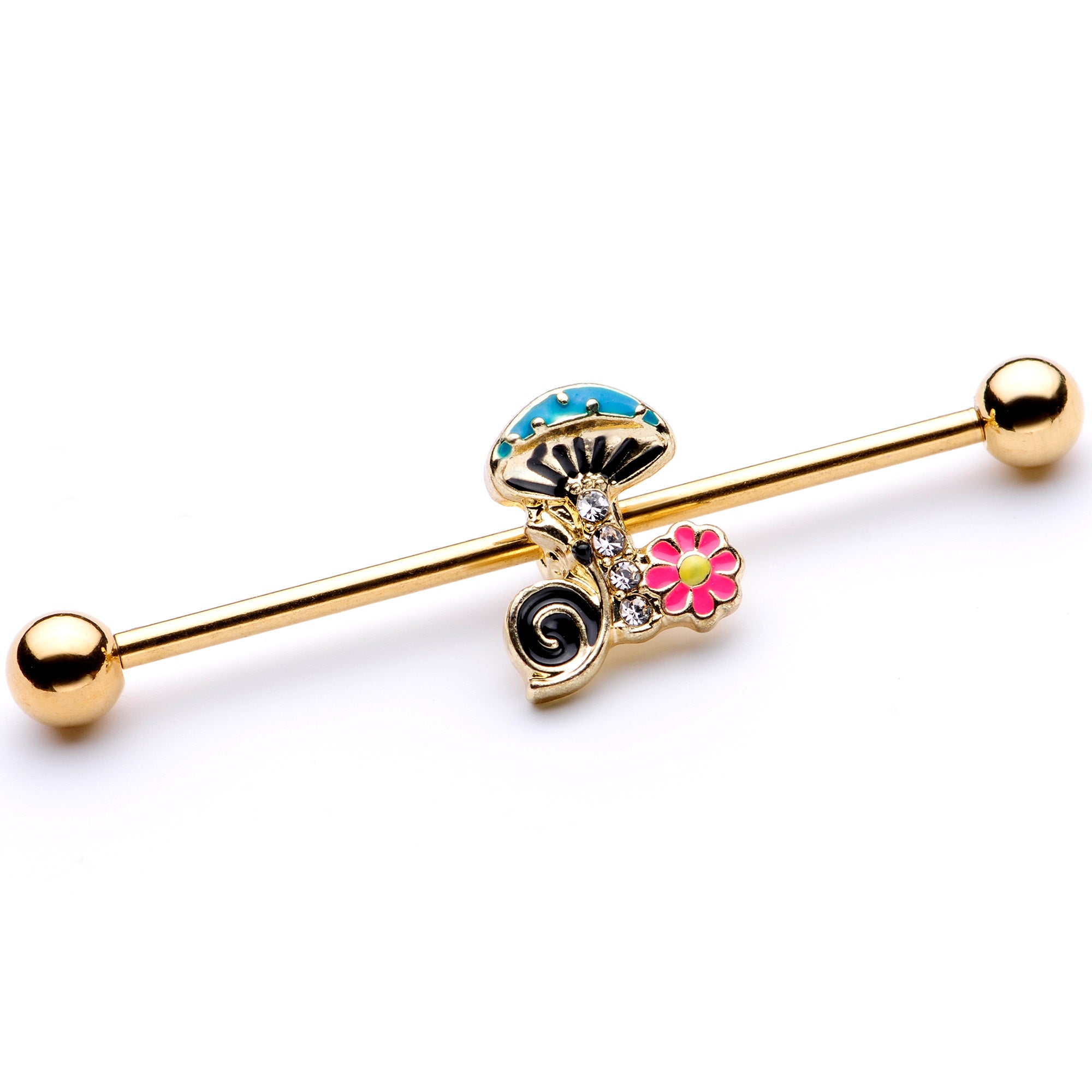 14G Gold Tone Snail Flower Magic Mushroom Industrial Barbell 38mm