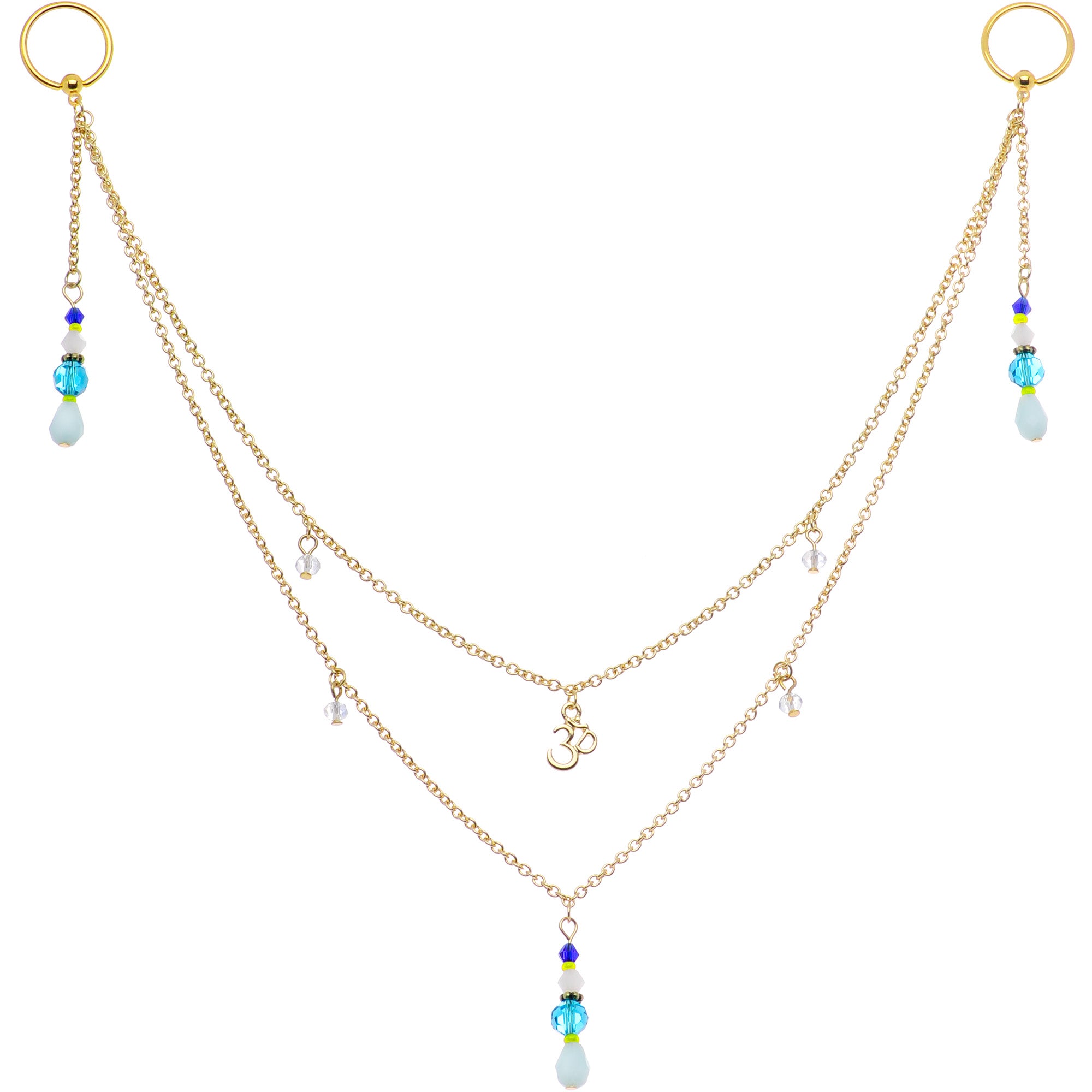 14G 9/16 Gold Tone Om Blue Beads Captive Ring Dangle Nipple Chain