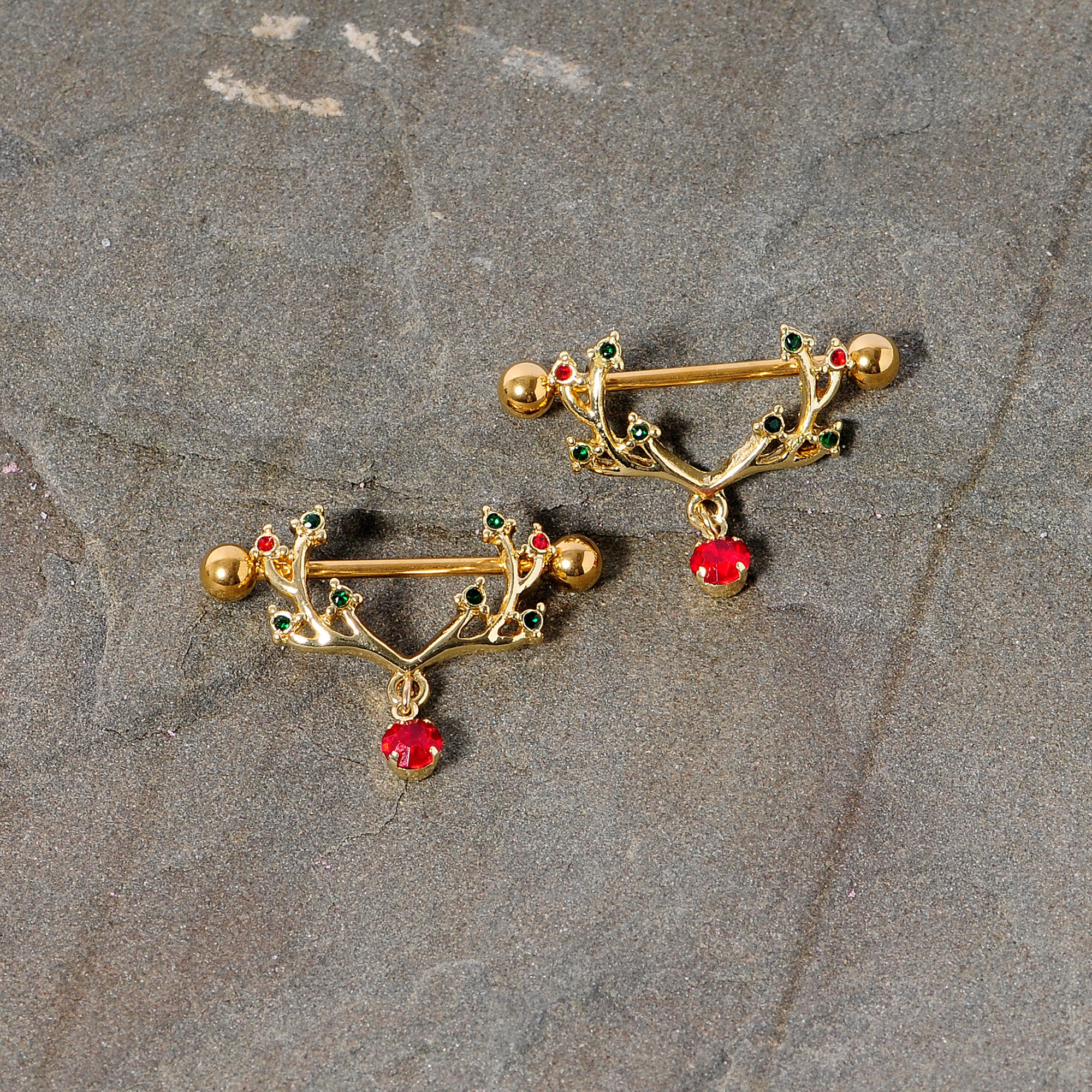 14G 25mm Red Green Gem Reindeer Antler Holiday Nipple Shield Set