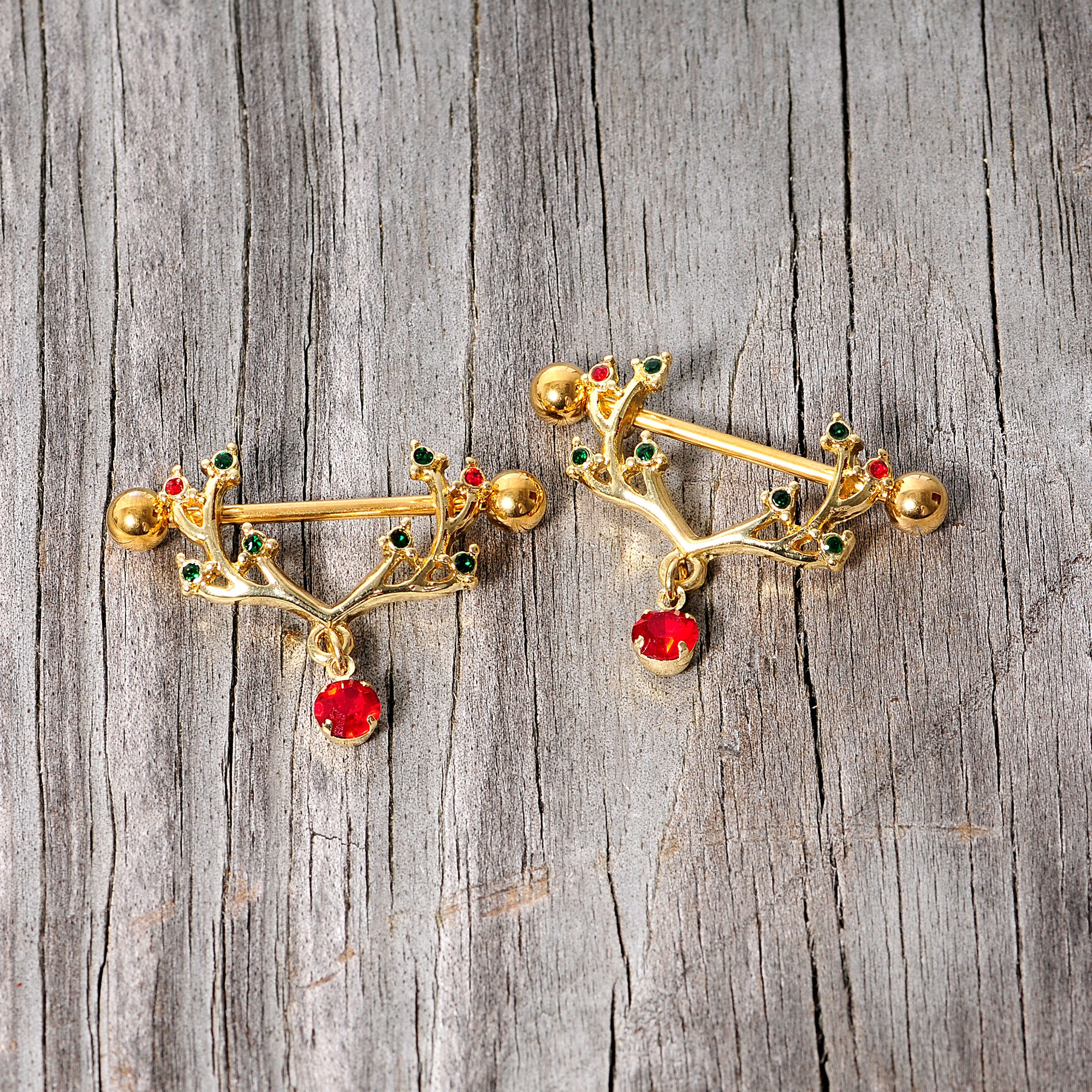 14G 25mm Red Green Gem Reindeer Antler Holiday Nipple Shield Set