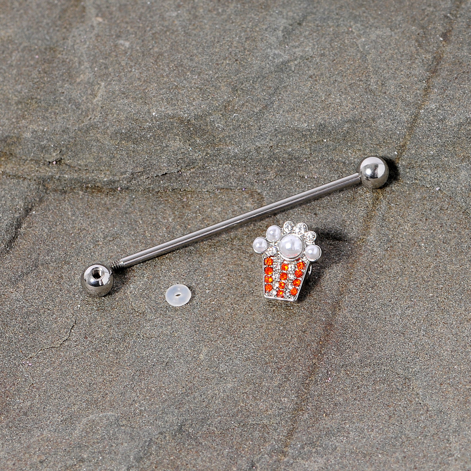 14G White Orb Movie Night Popcorn Industrial Barbell 38mm